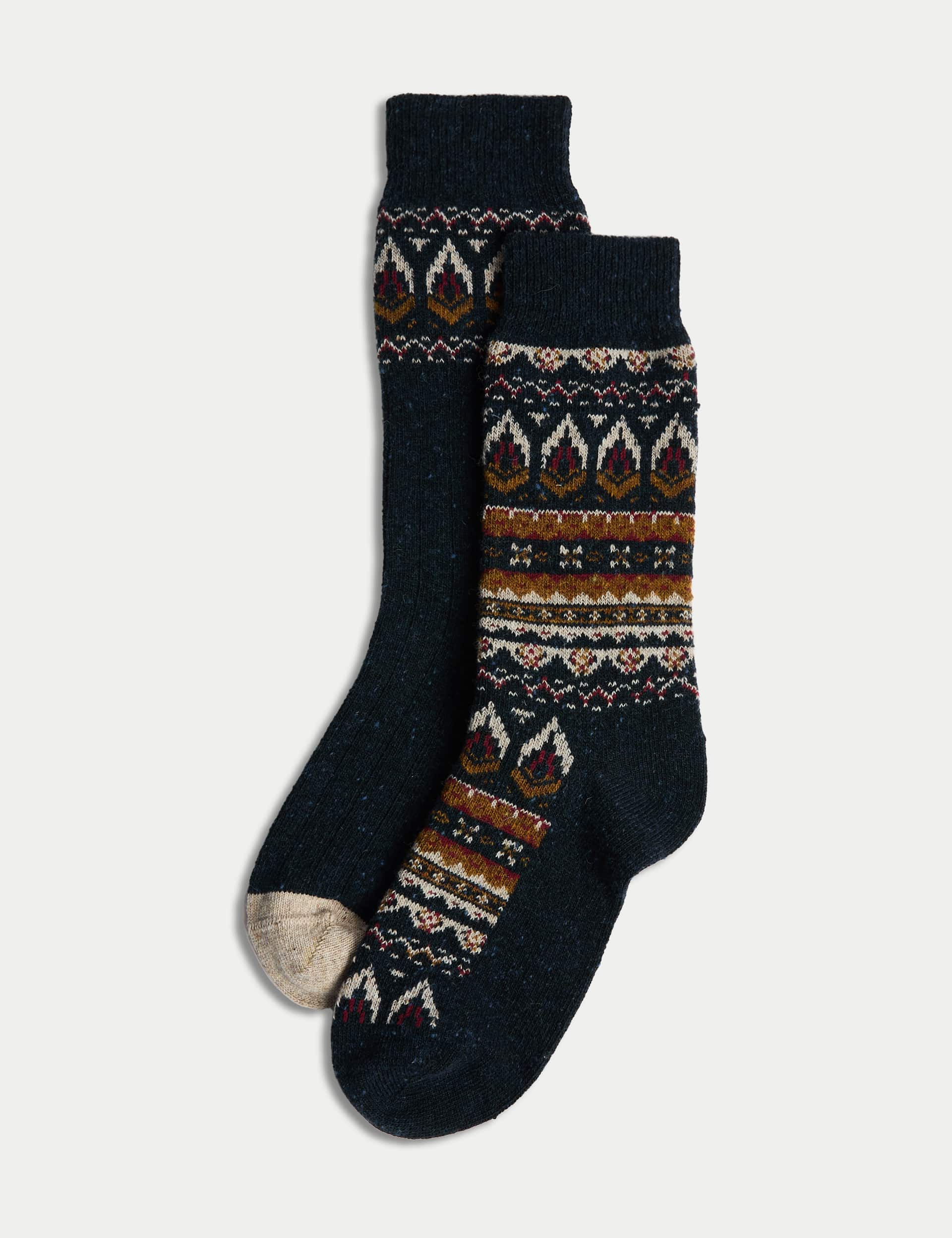 M&S Men's 2pk Fair Isle Wool Blend Boot Socks - 9-12 - Navy Mix, Navy Mix,Grey Mix