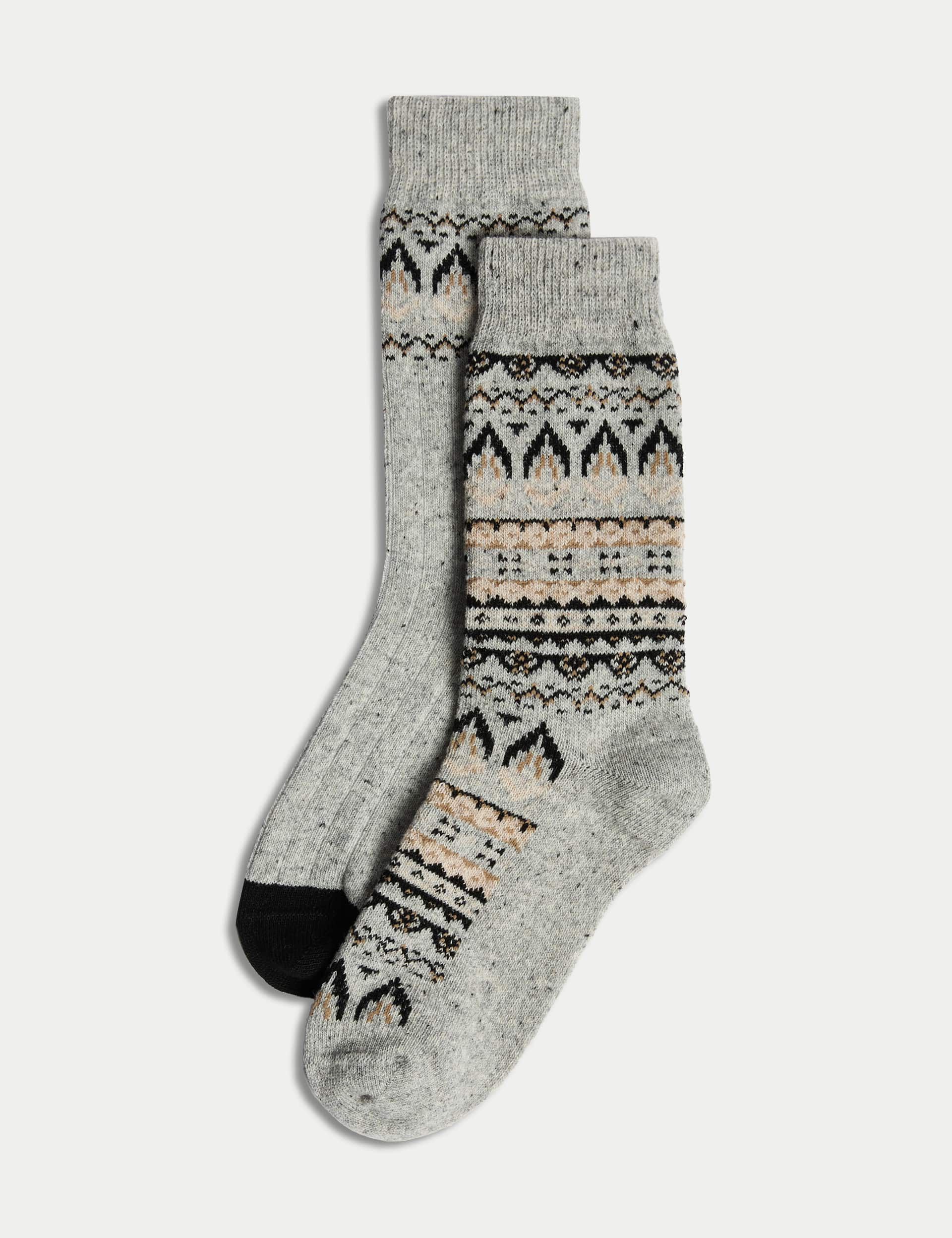 M&S Collection Men's 2 Pack Fair Isle Wool Blend Boot Socks - 6-8.5 - Grey Mix, Grey Mix,Navy Mix