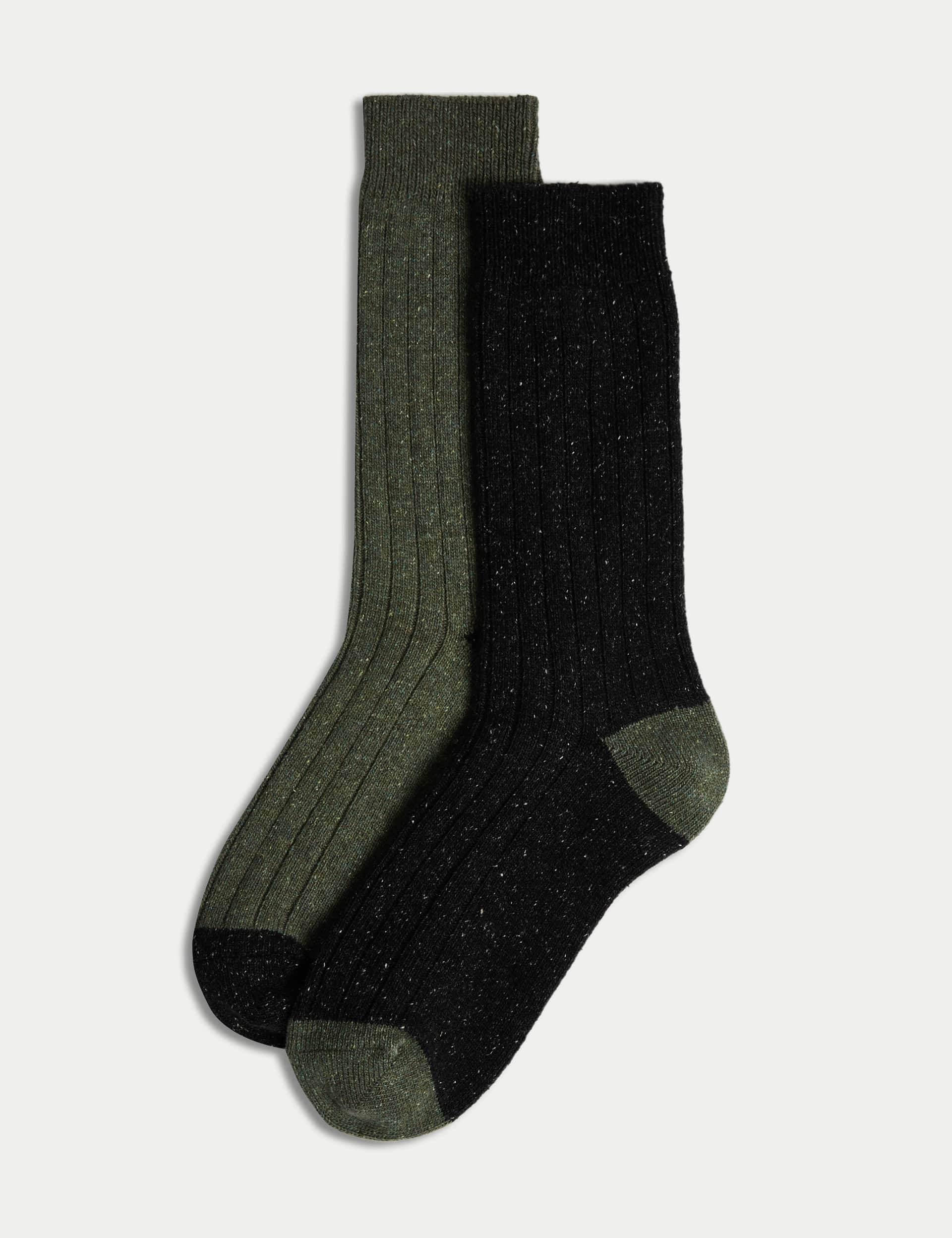 M&S Collection Men's 2 Pack Boot Socks with Silk - 6-8.5 - Green Mix, Navy Mix,Green Mix