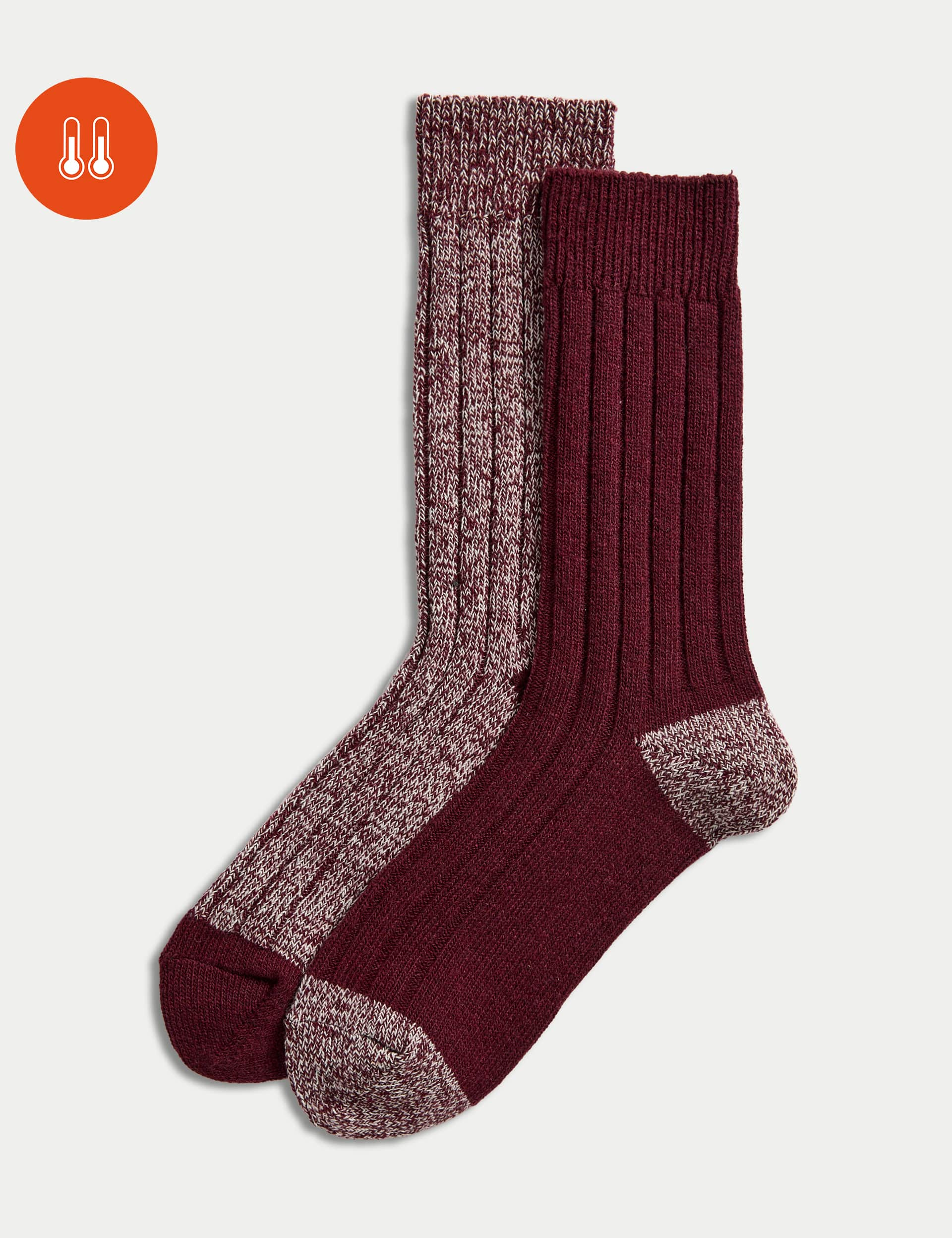 M&S Collection Men's 2 Pack Heatgen Medium Warmth Thermal Socks - 9-12 - Burgundy Mix, Navy Mix,Bur