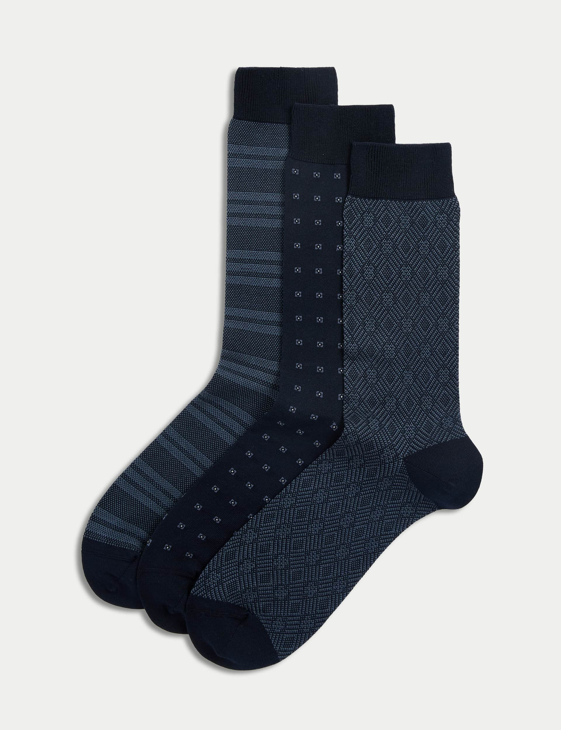 M&S Men's 3pk Assorted Egyptian Cotton Rich Socks - 9-12 - Navy Mix, Navy Mix