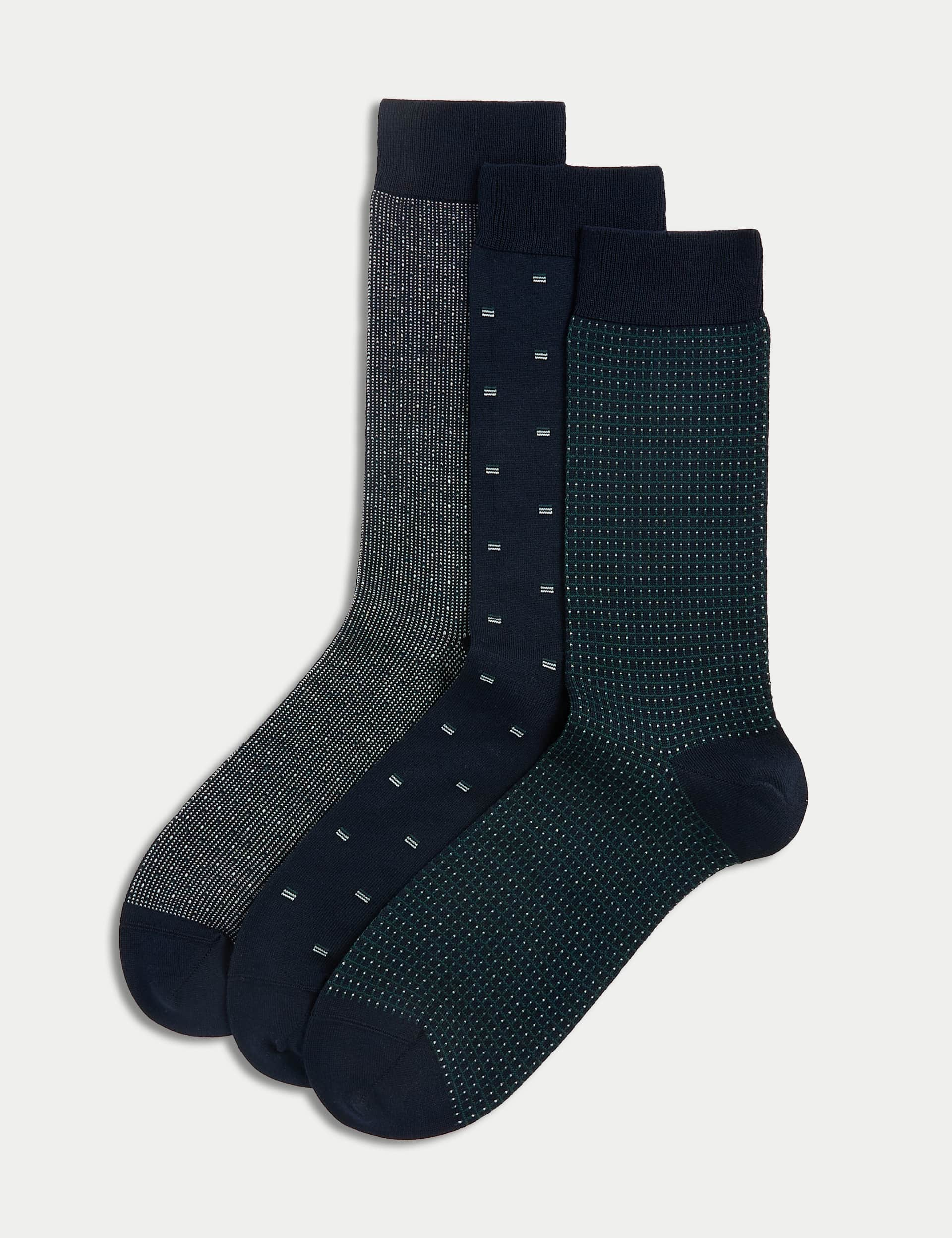 M&S Men's 3pk Geometric Egyptian Cotton Rich Socks - 9-12 - Green Mix, Green Mix