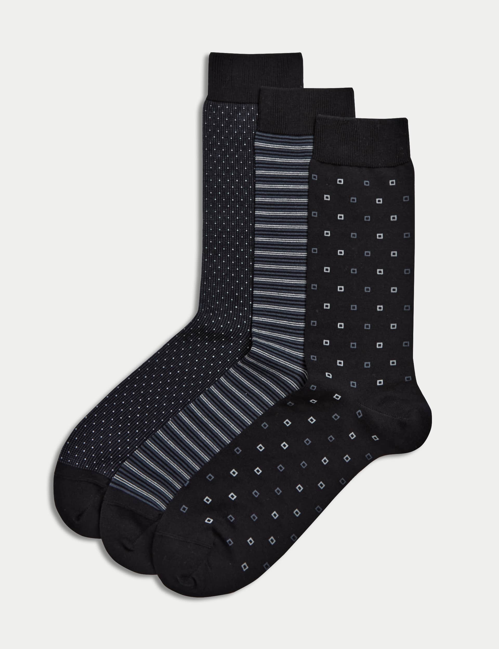 M&S Men's 3pk Egyptian Cotton Rich Socks - 9-12 - Black Mix, Black Mix