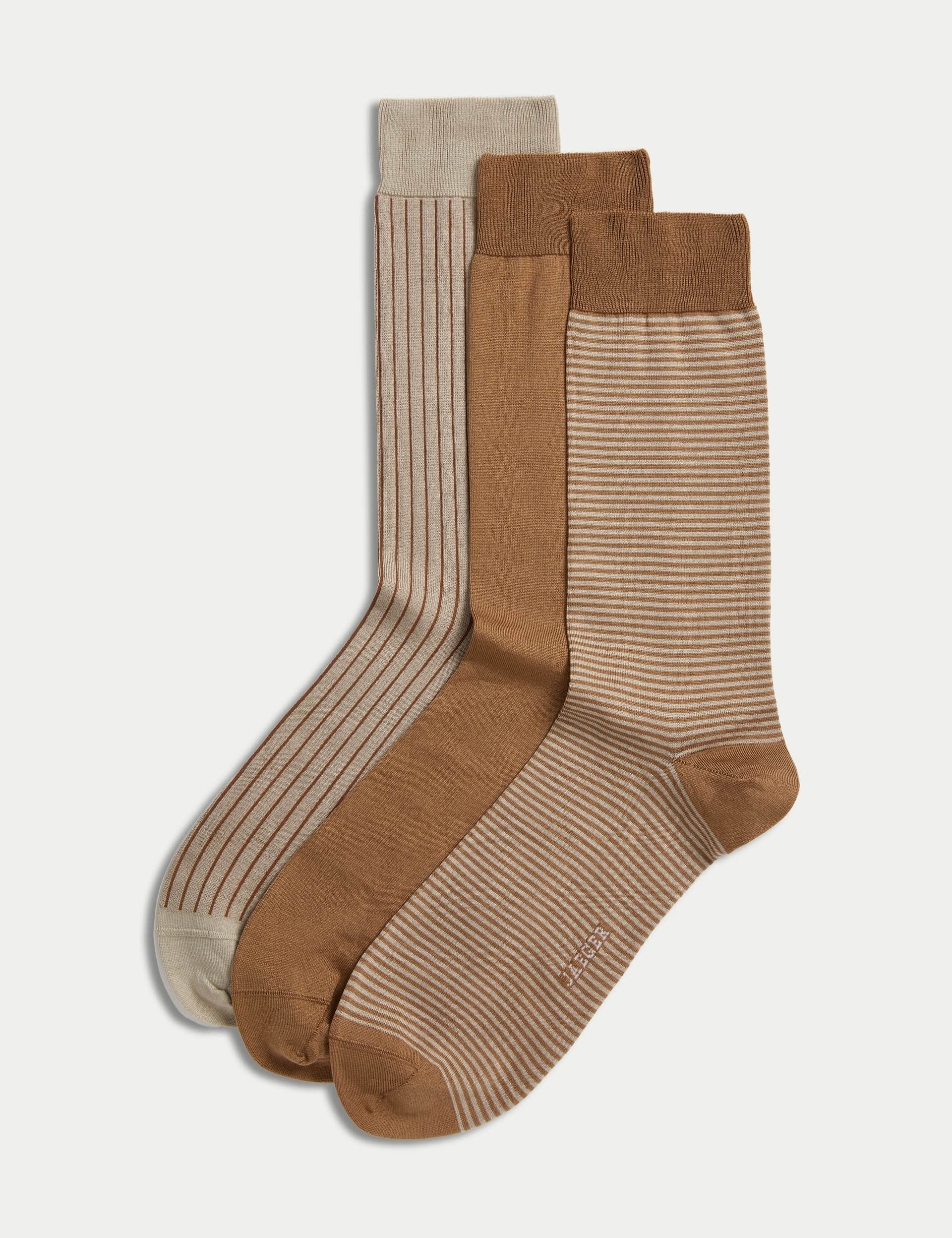 Jaeger Men's 3pk Striped Mercerised Cotton Rich Socks - 9-12 - Beige Mix, Navy Mix,Beige Mix