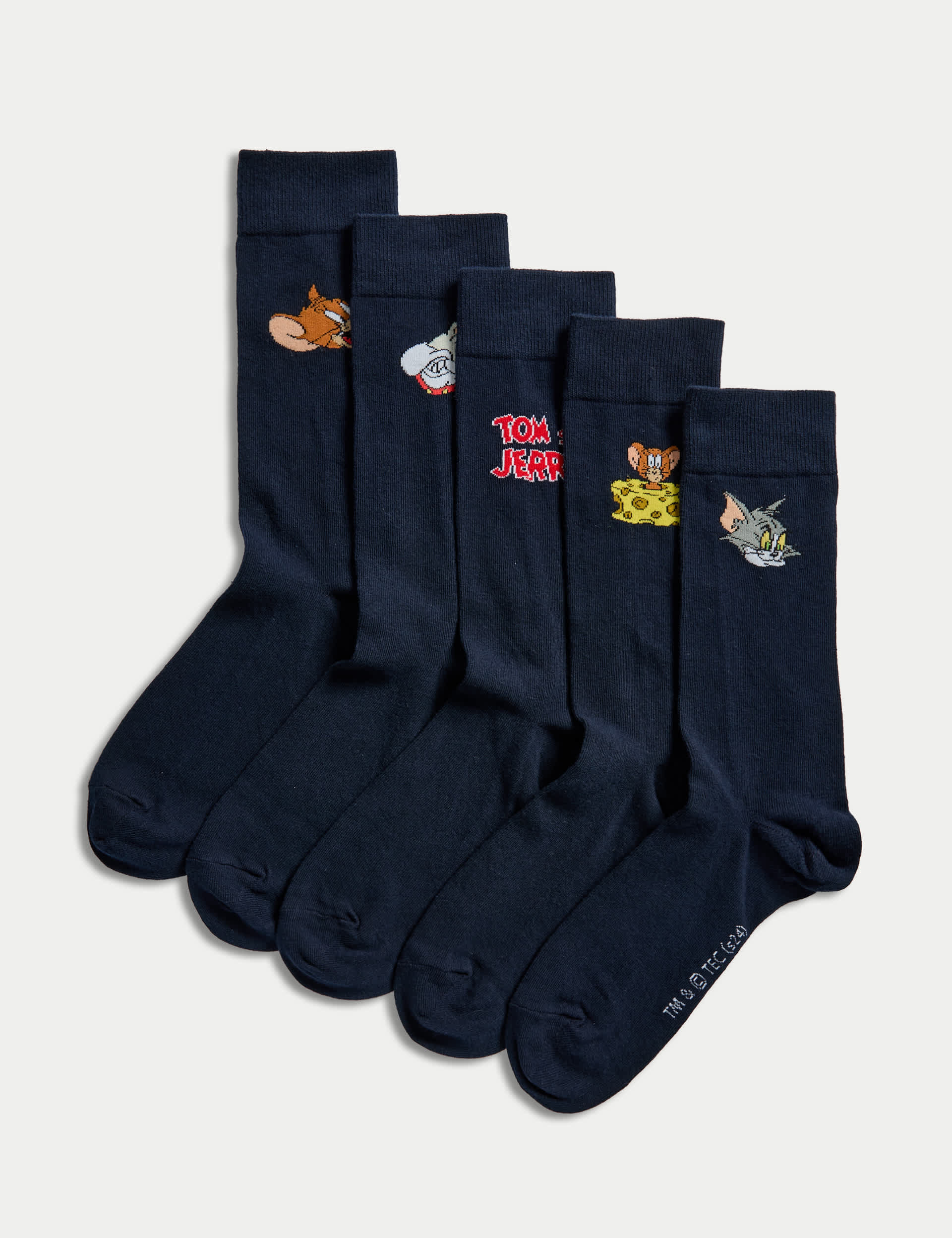 M&S Men's 5pk Tom & Jerry Cotton Rich Socks - 9-12 - Navy Mix, Navy Mix