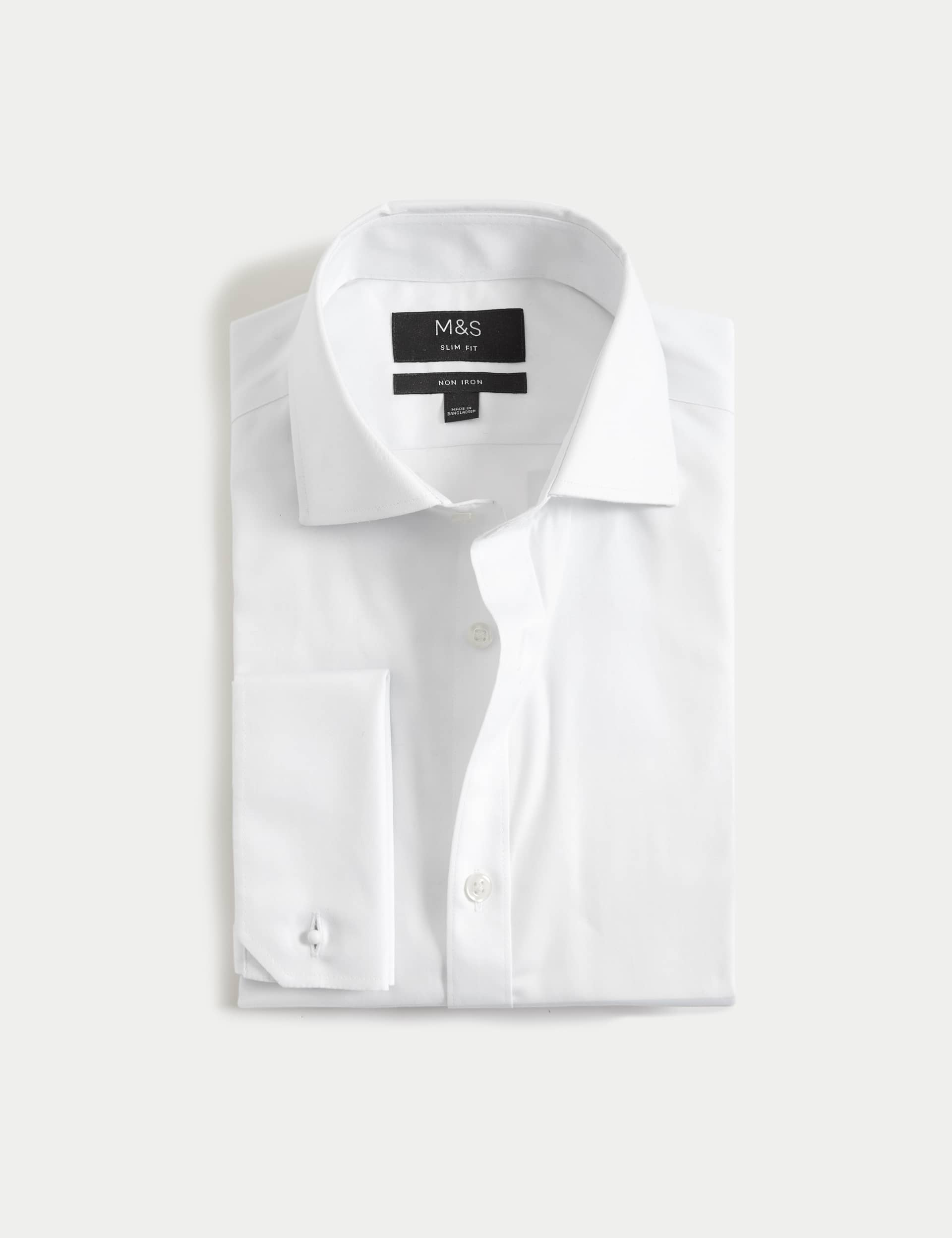 M&S Men's Slim Fit Pure Cotton Double Cuff Shirt - 15 - White, White