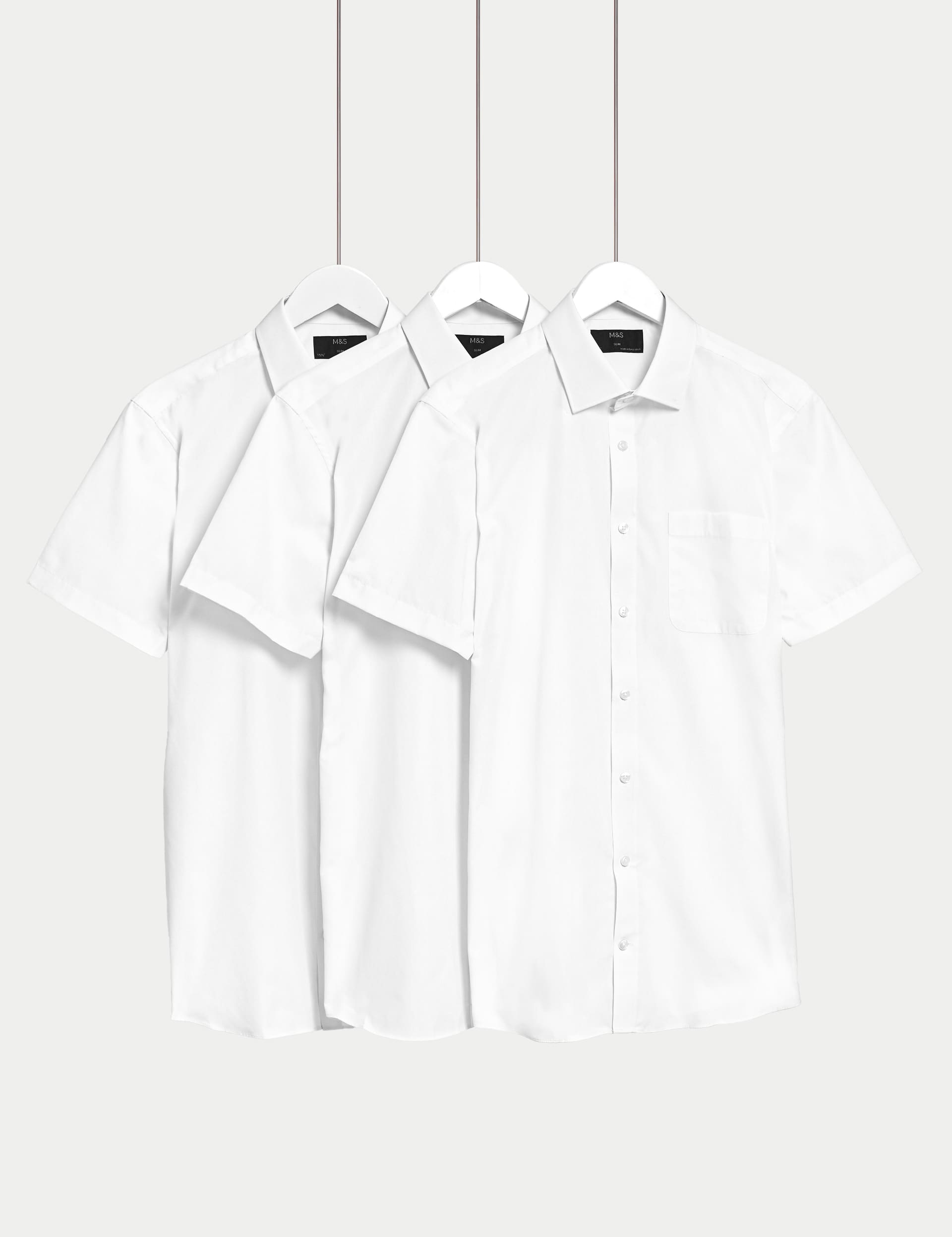 M&S Men's 3pk Slim Fit Easy Iron Short Sleeve Shirts - 16 - White, White