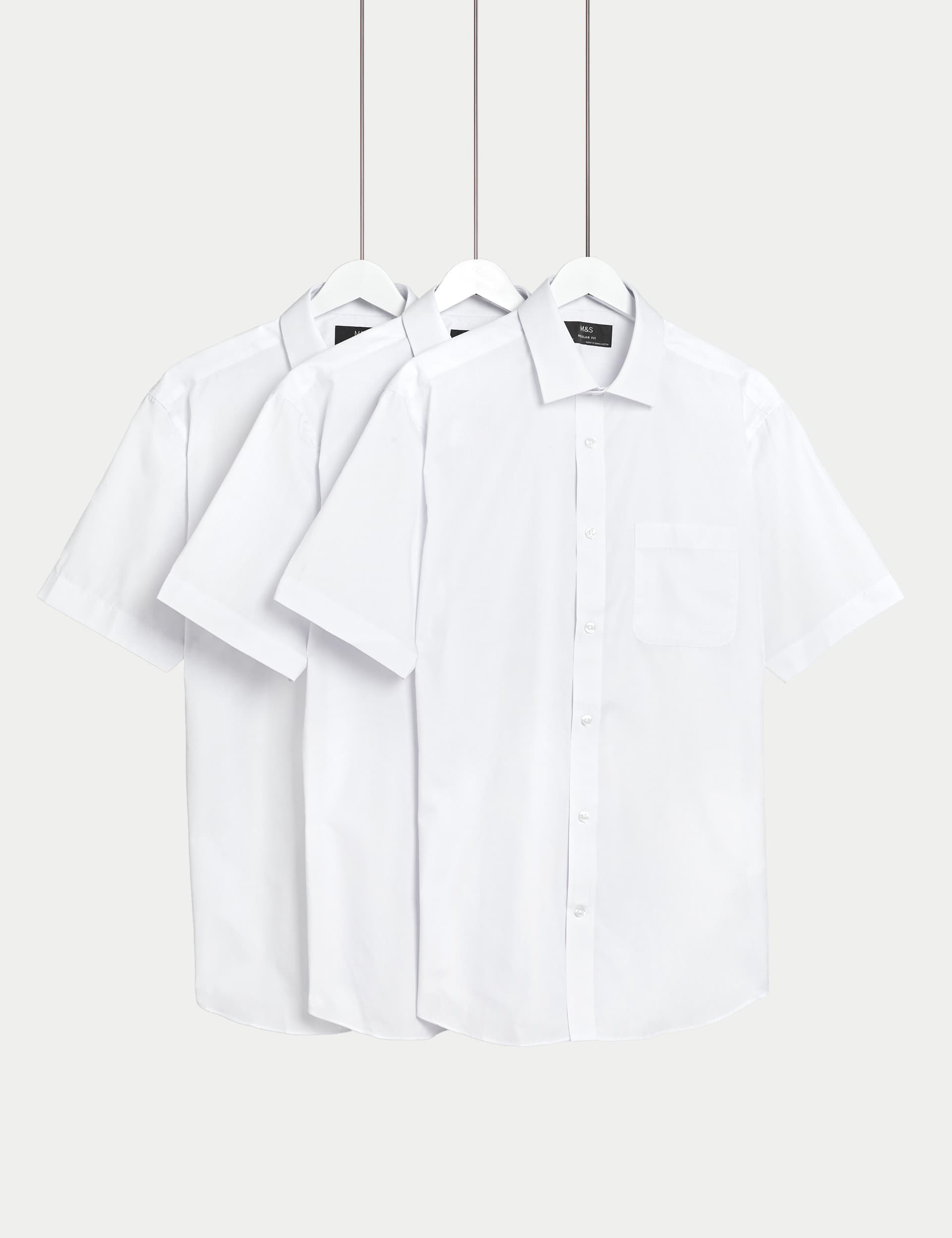 M&S Men's 3pk Regular Fit Easy Iron Short Sleeve Shirts - 16.5 - White, White