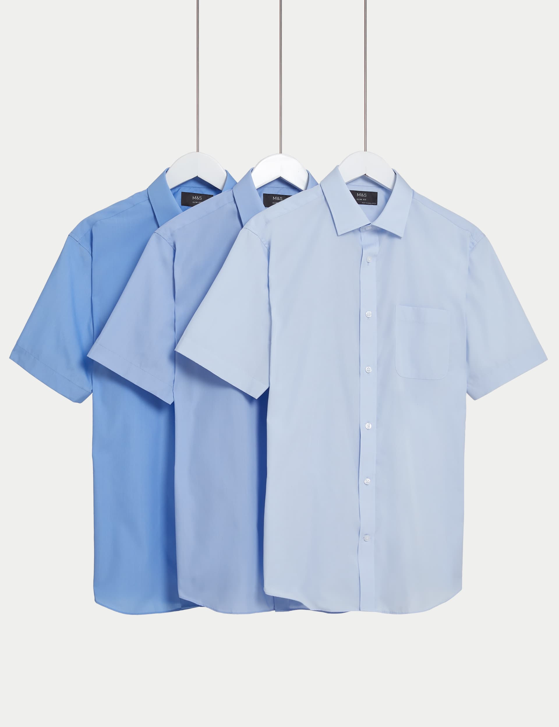 M&S Men's 3pk Slim Fit Easy Iron Short Sleeve Shirts - 18.5 - Blue, Blue