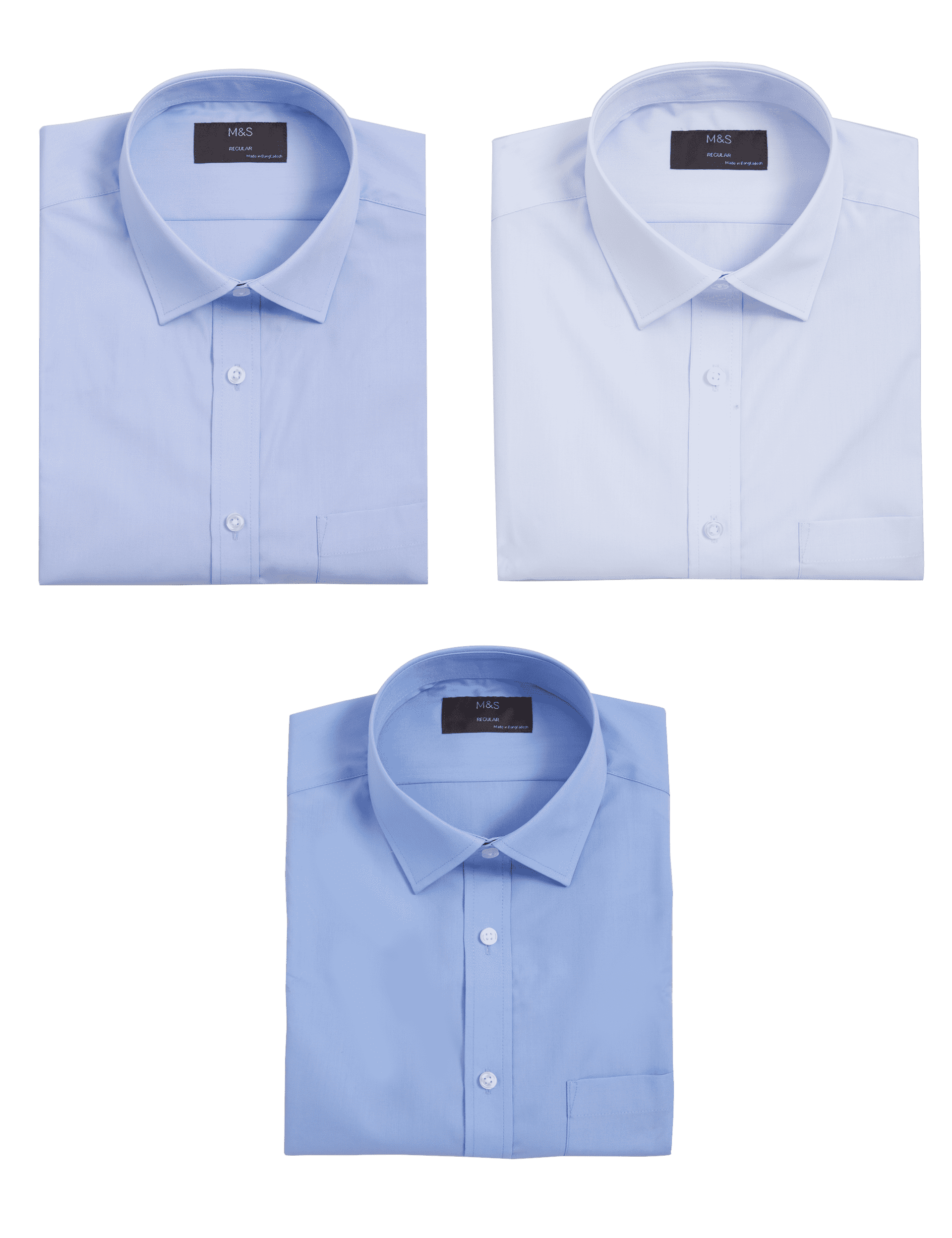 M&S Collection Men's 3pk Regular Fit Easy Iron Short Sleeve Shirts - 16.5 - Blue, Blue