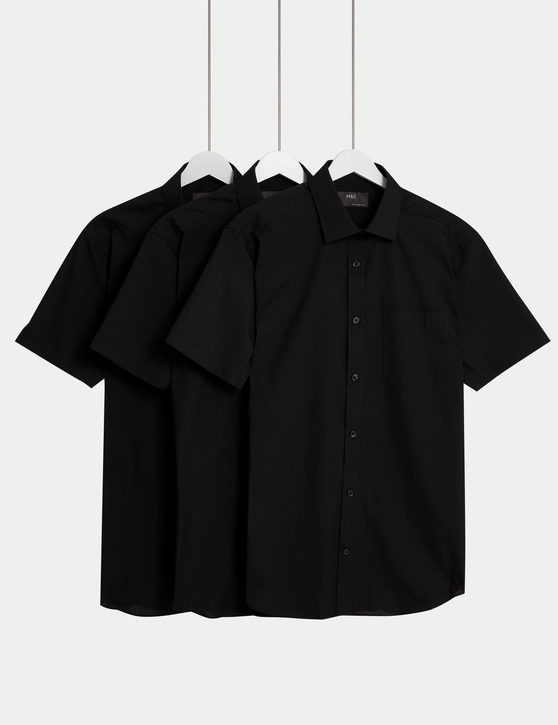 M&S Men's 3pk Slim Fit Easy Iron Short Sleeve Shirts - 15.5 - Black, Black