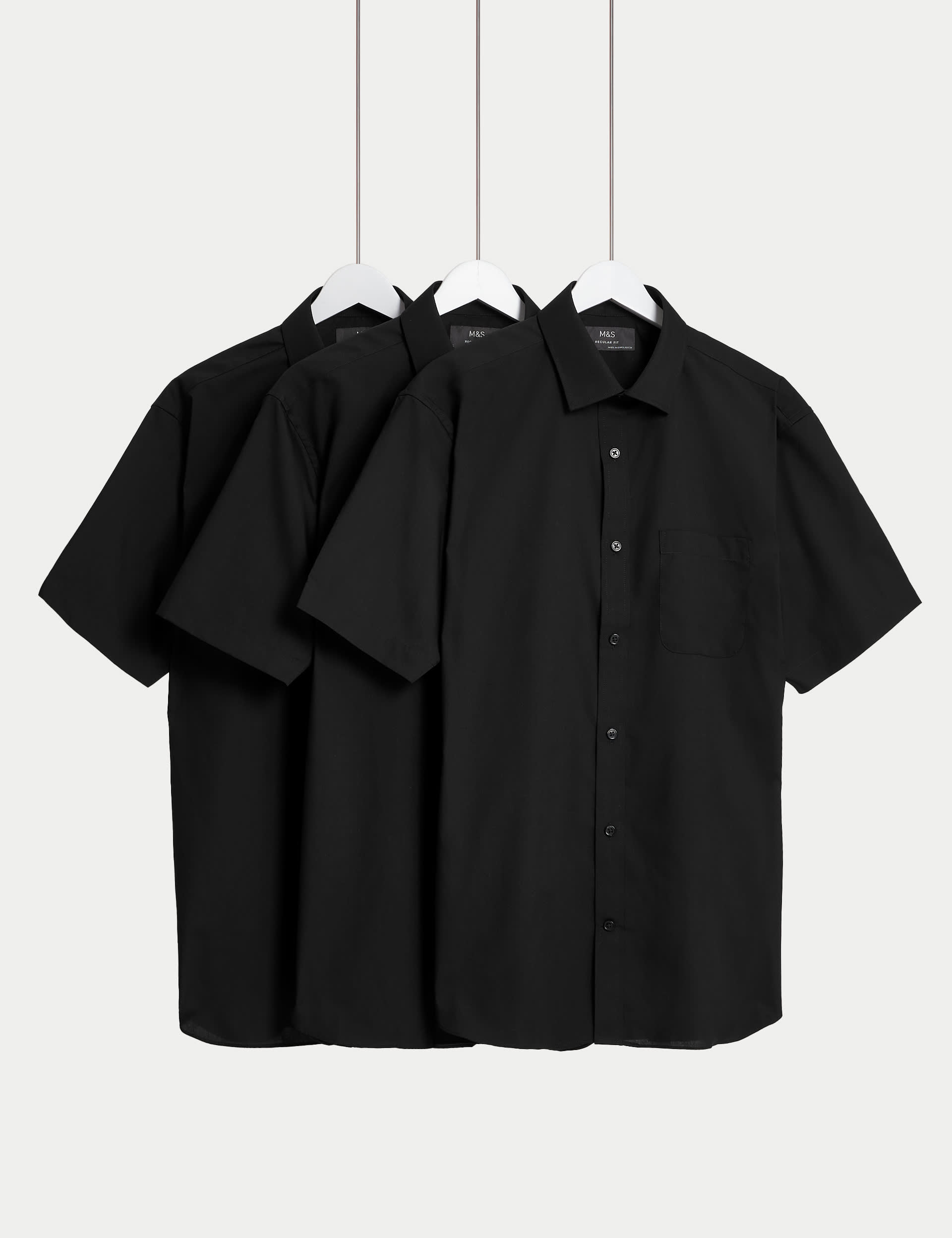 M&S Men's 3pk Regular Fit Easy Iron Short Sleeve Shirts - 18.5 - Black, Black