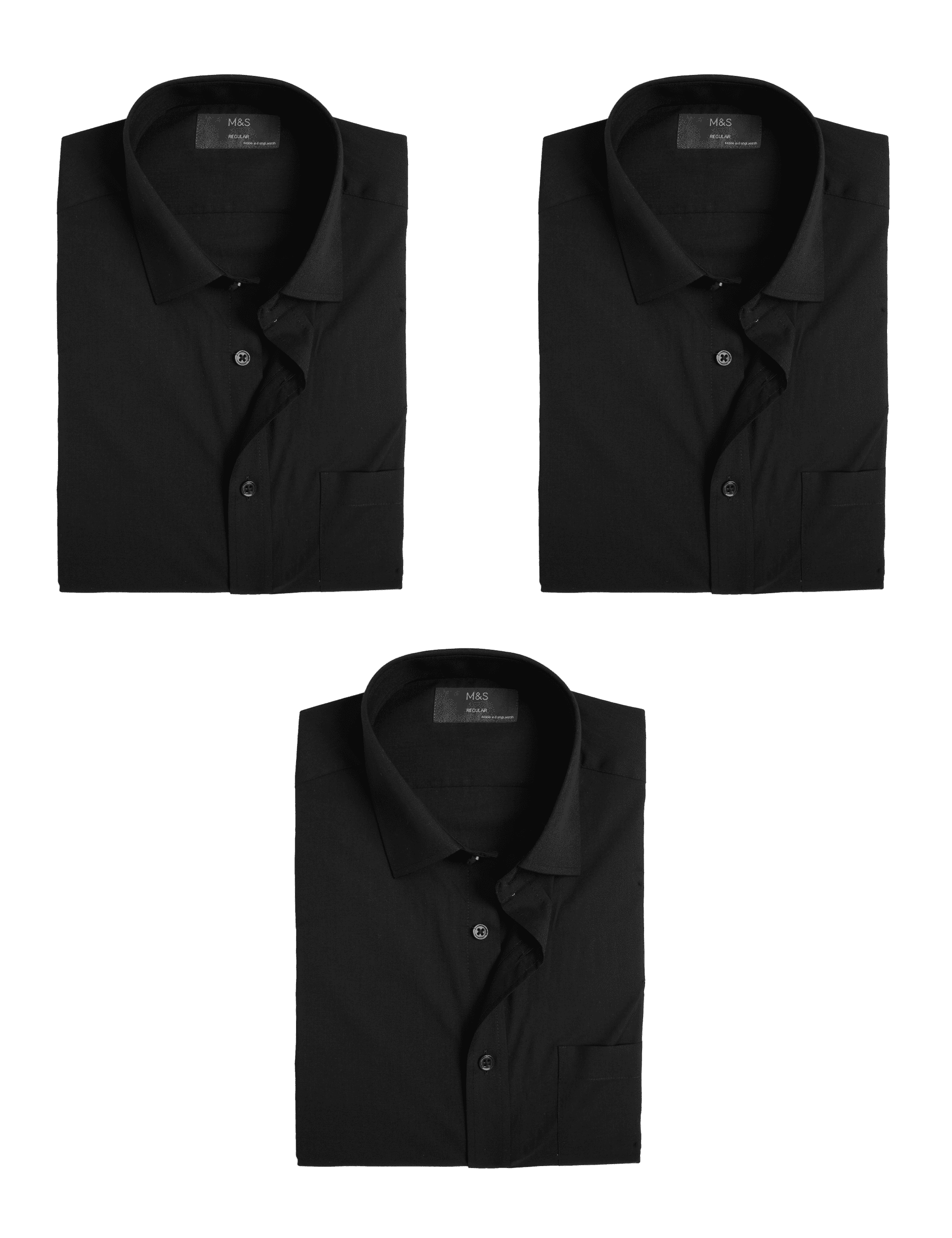 M&S Collection Men's 3pk Regular Fit Easy Iron Short Sleeve Shirts - 18.5 - Black, Black