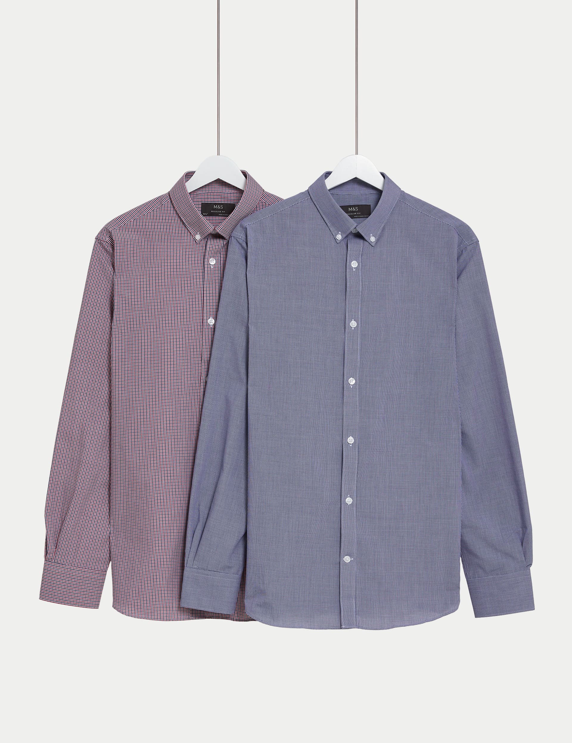 M&S Men's 2pk Regular Fit Easy Iron Long Sleeve Checked Shirts