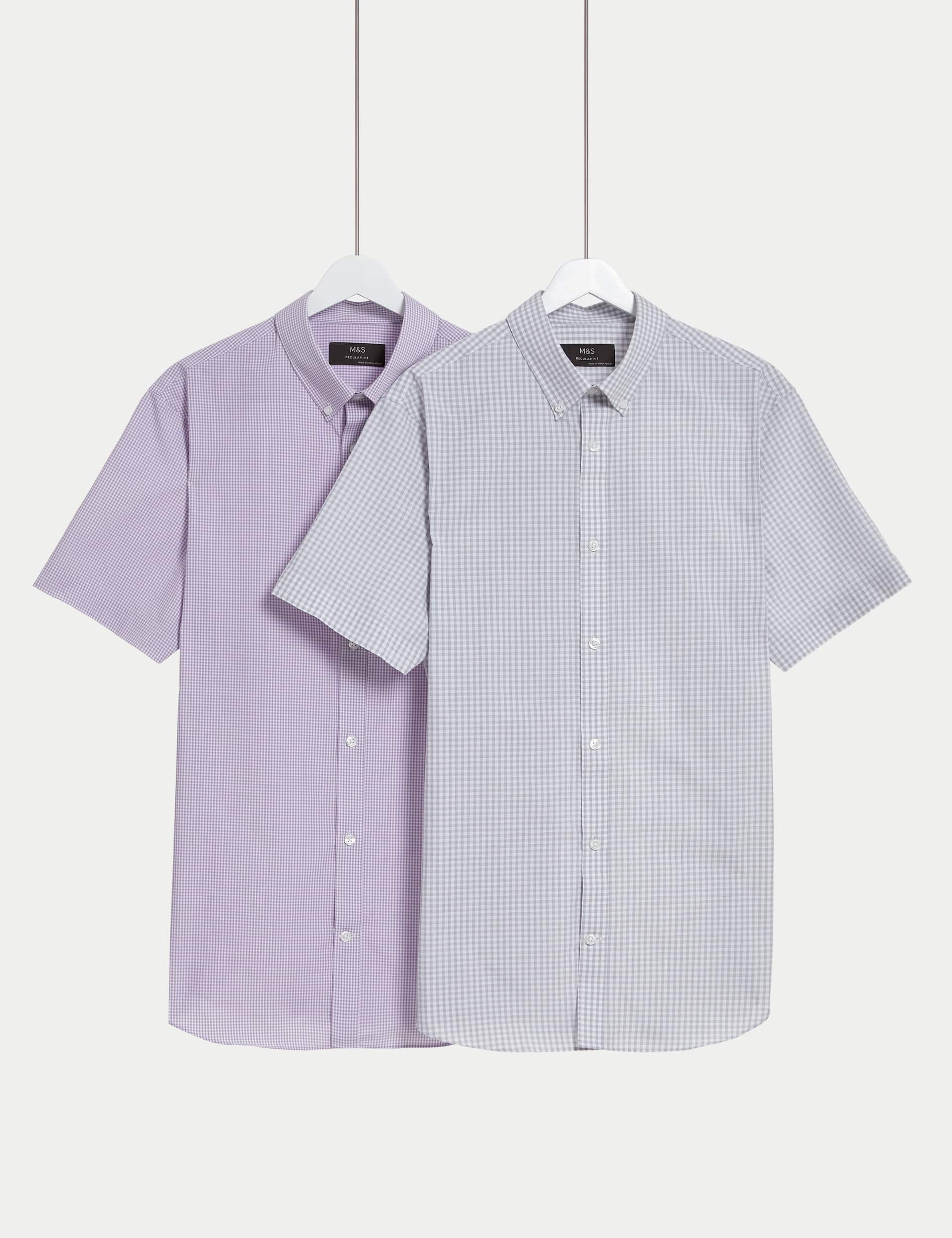 M&S Men's 2pk Regular Fit Easy Iron Checked Short Sleeve Shirts - 16 - Lilac Mix, Lilac Mix