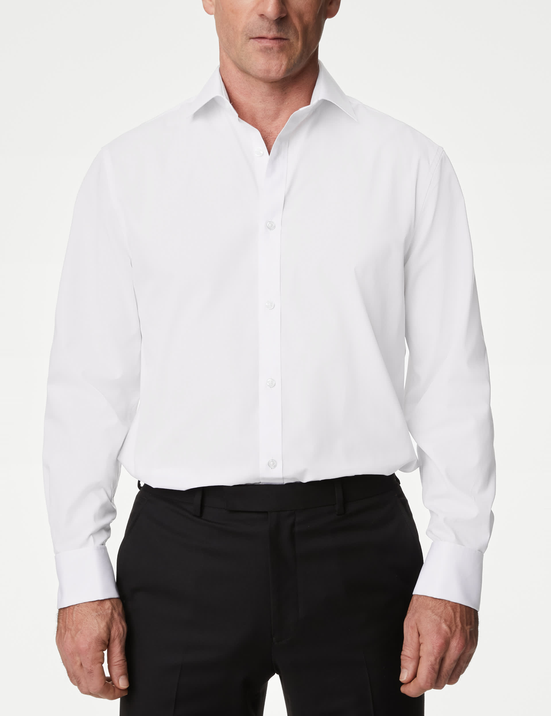 M&S Men's Regular Fit Cotton Blend Double Cuff Shirt - 19 - White, White