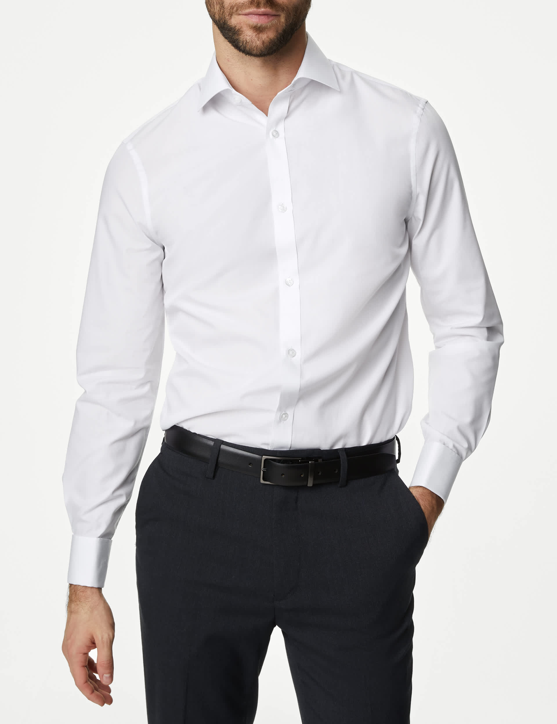 M&S Men's Slim Fit Cotton Blend Double Cuff Shirt - 15 - White, White