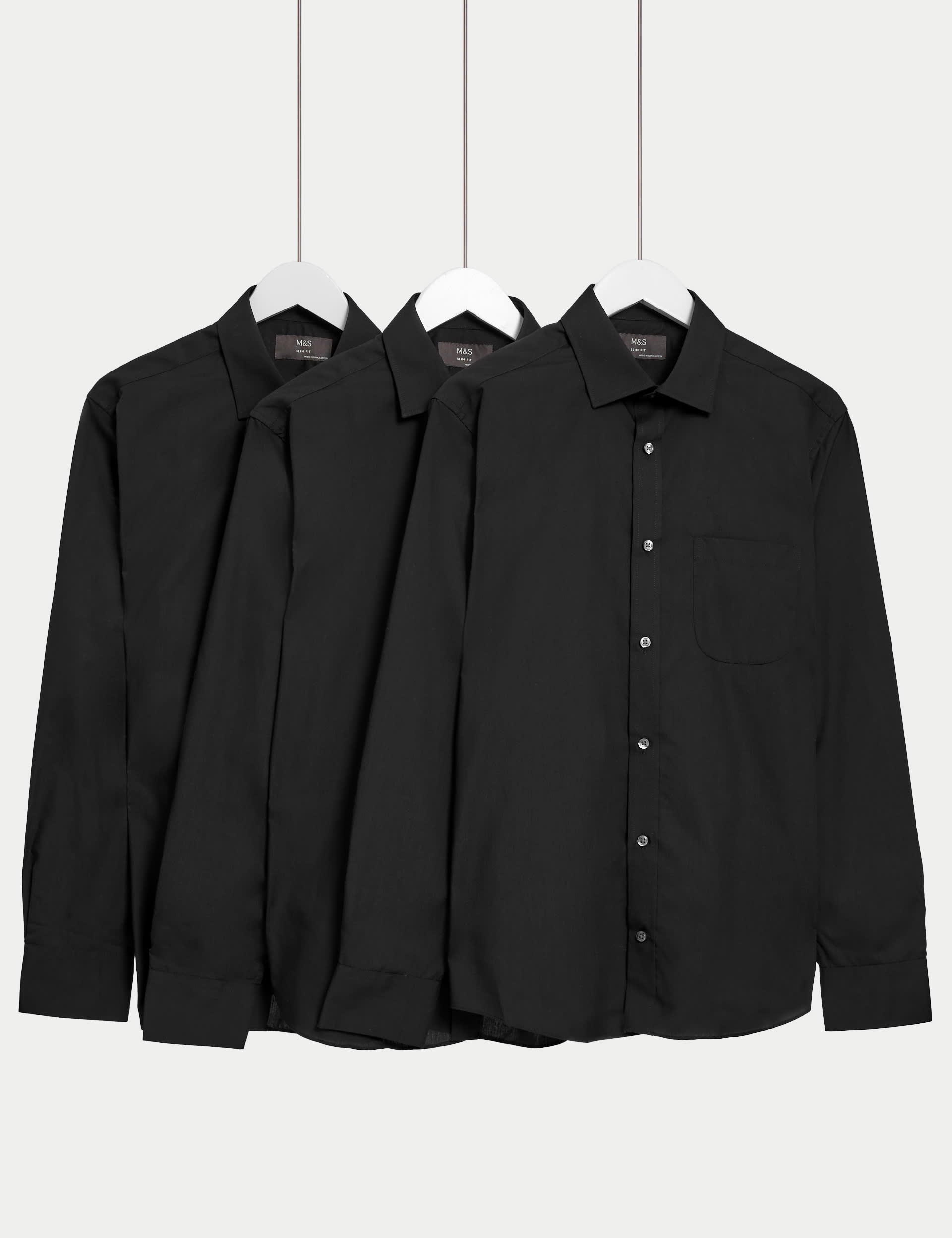 M&S Men's 3pk Slim Fit Easy Iron Long Sleeve Shirts - 15.5 - Black, Black