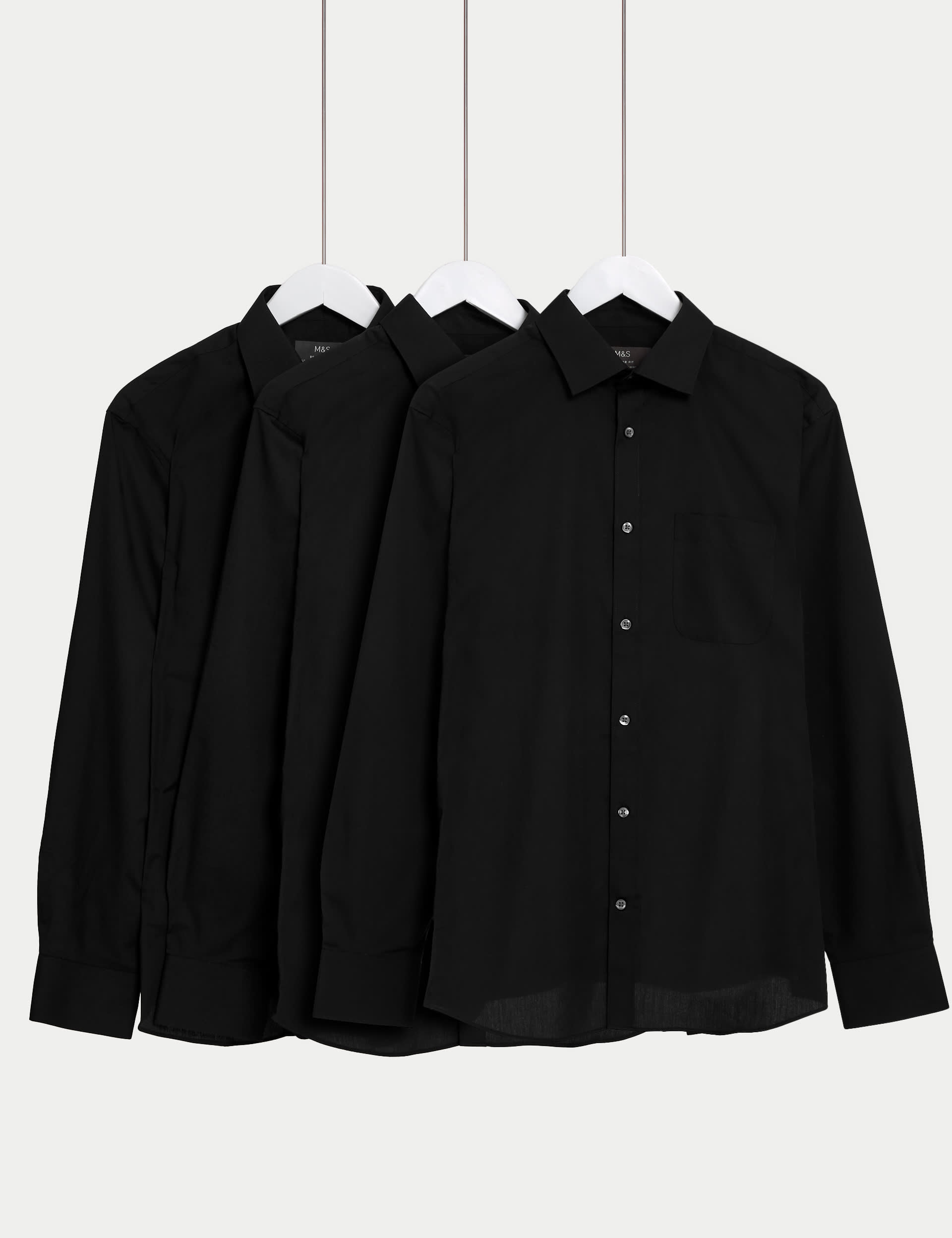 M&S Men's 3pk Regular Fit Easy Iron Long Sleeve Shirts - 17.5 - Black, Black