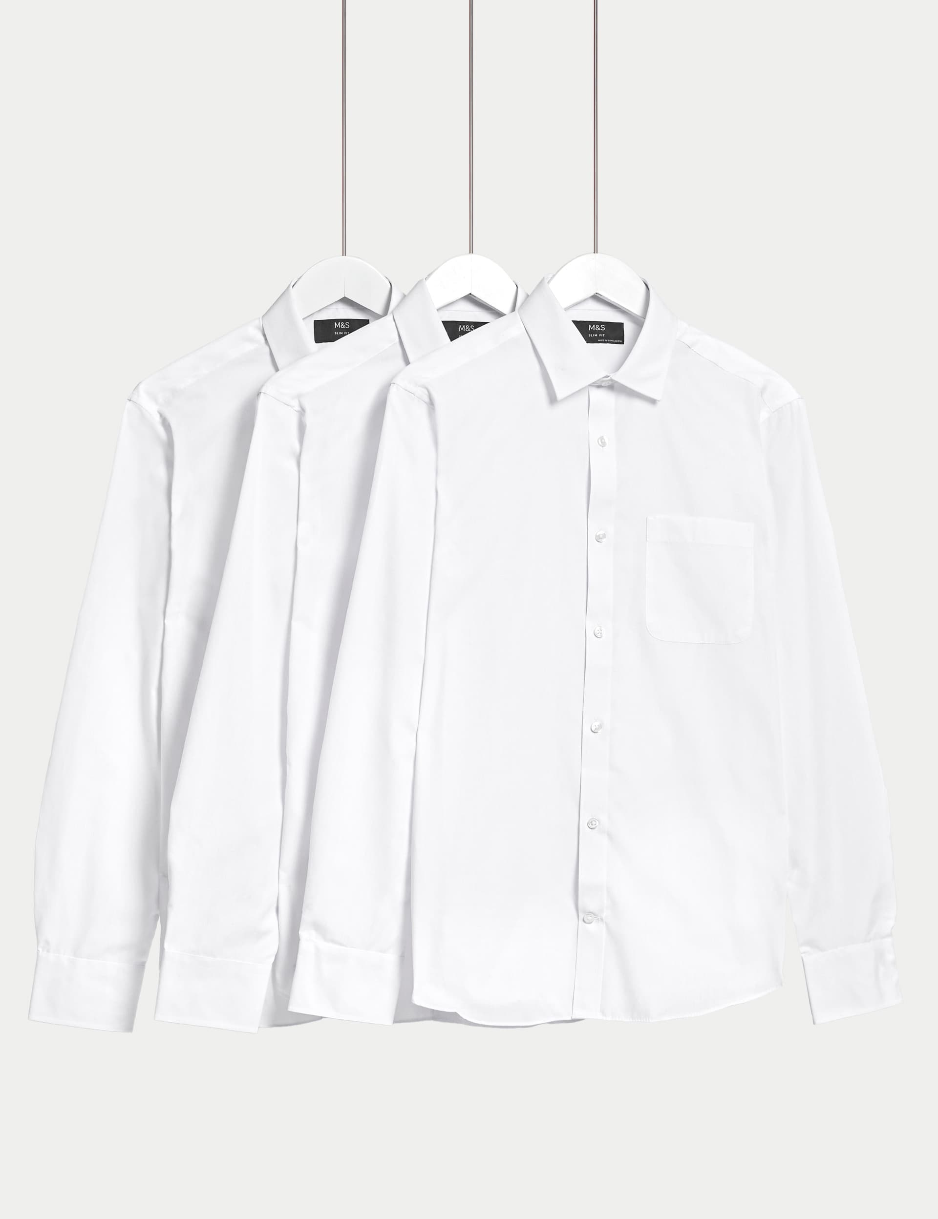 M&S Men's Shorter Length 3pk Slim Fit Easy Iron Long Sleeve Shirts - 16.5 - White, White