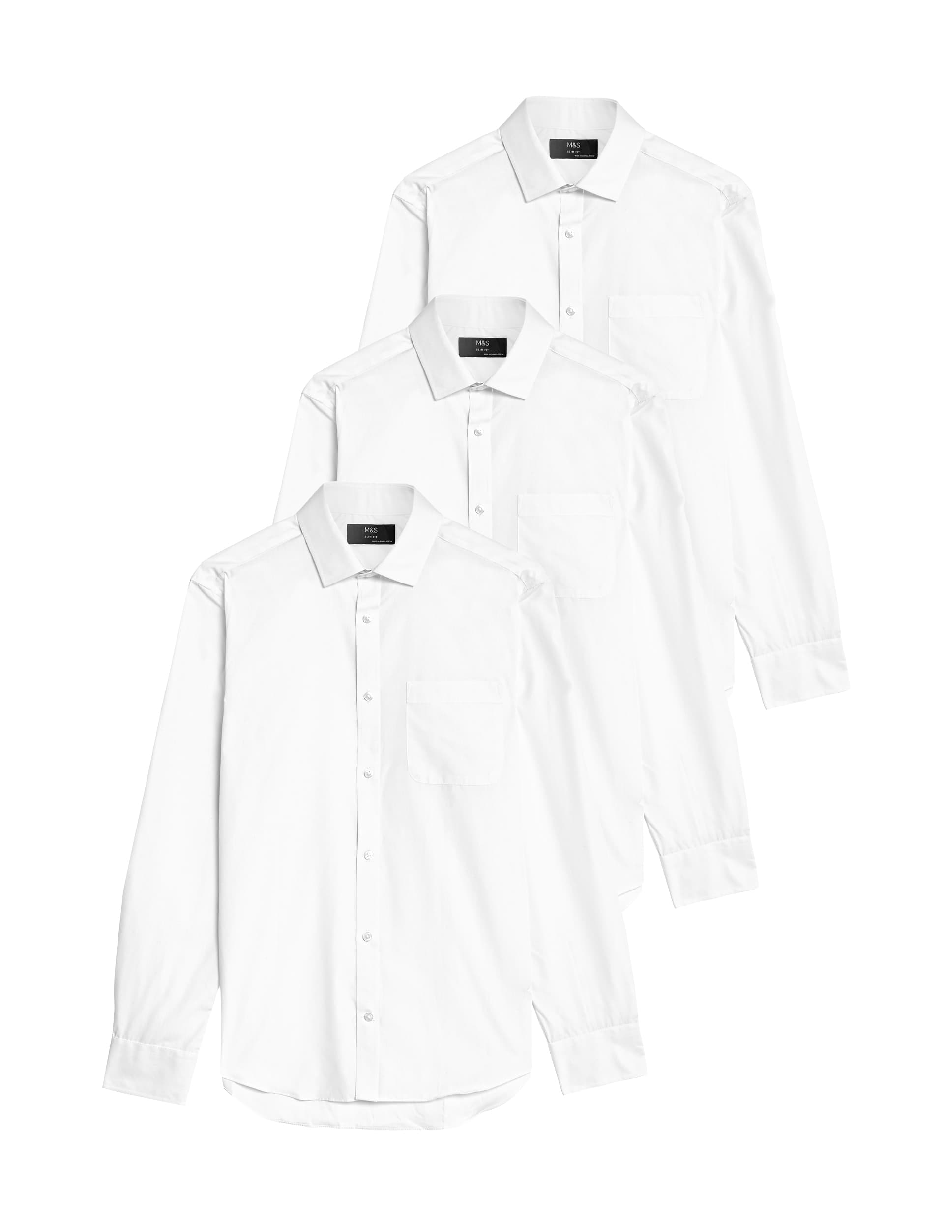 M&S Collection Men's 3pk Slim Fit Easy Iron Long Sleeve Shirts - 17.5 - White, White