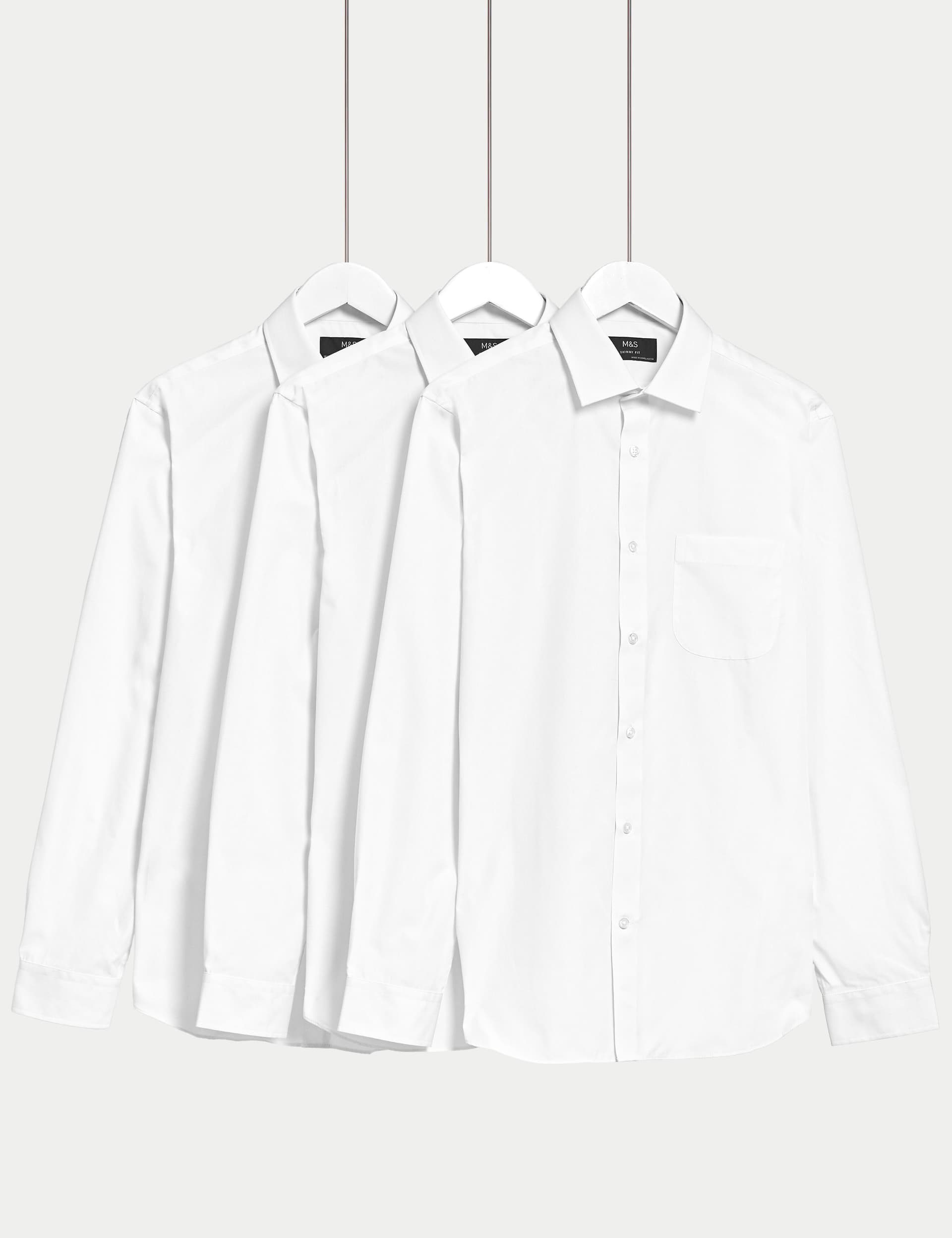 M&S Men's 3pk Skinny Fit Easy Iron Shirts - 17.5 - White, White