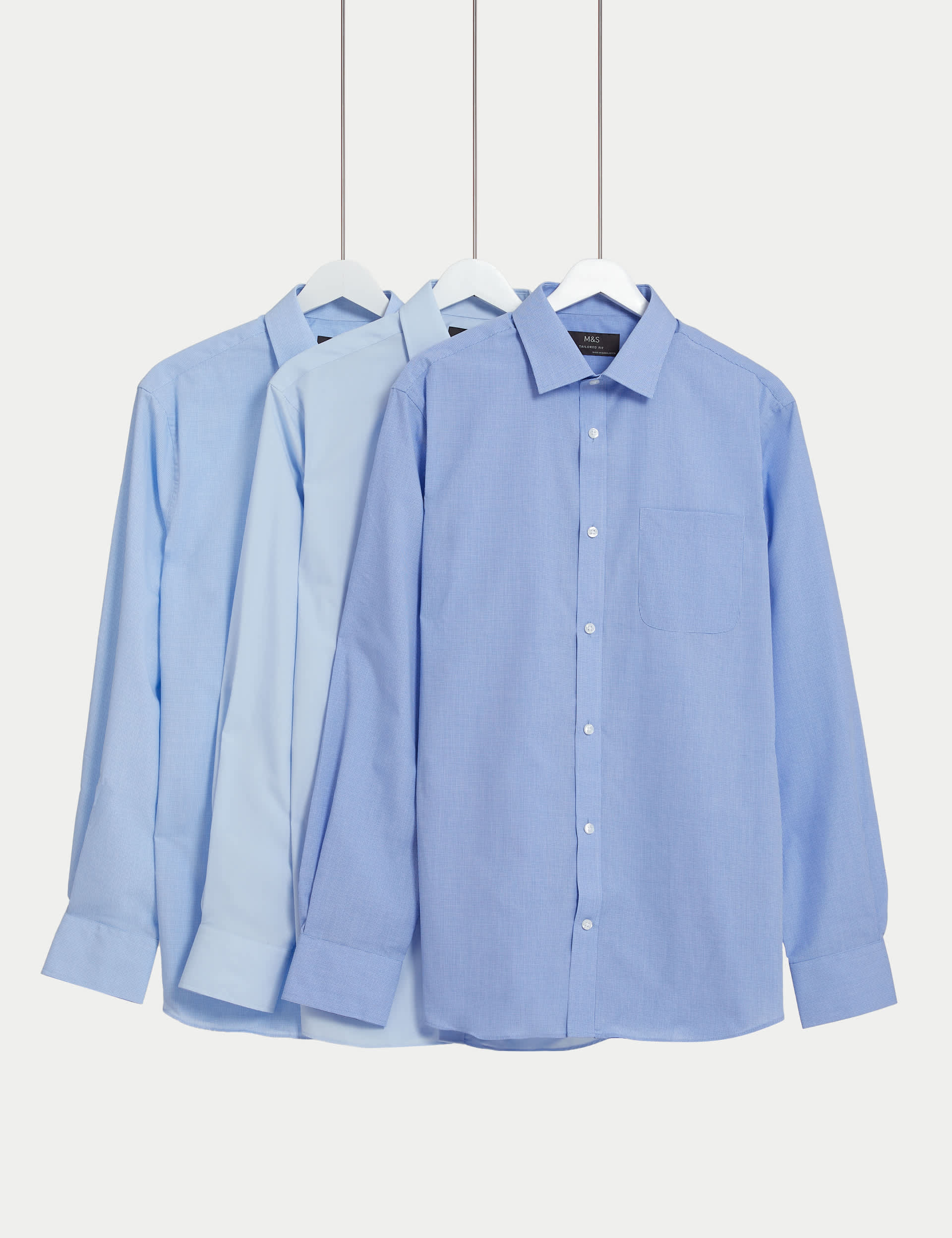 M&S Men's 3pk Tailored Fit Easy Iron Long Sleeve Shirts - 18.5 - Blue Mix, Blue Mix