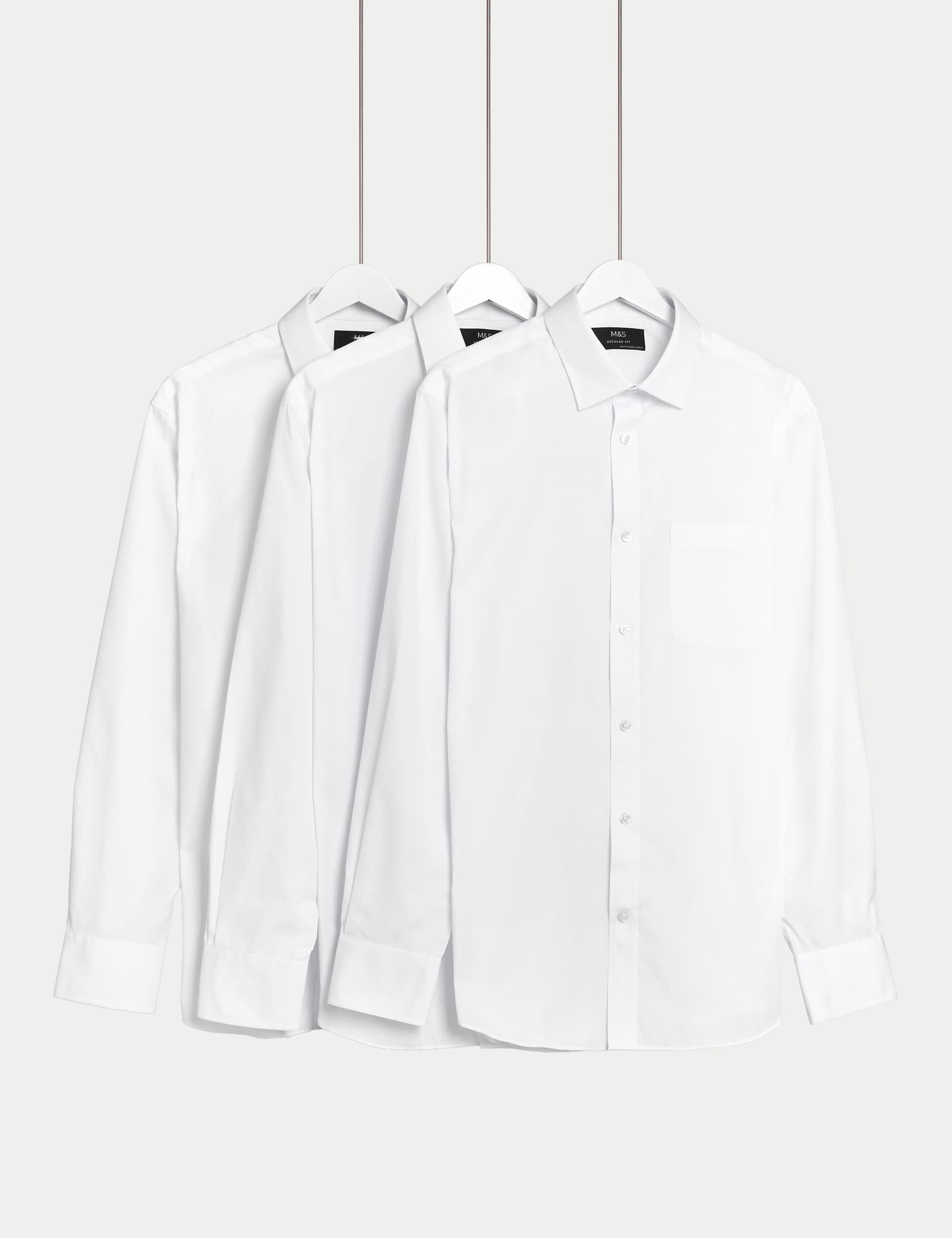 M&S Men's 3pk Regular Fit Easy Iron Long Sleeve Shirts - 16 - White, White