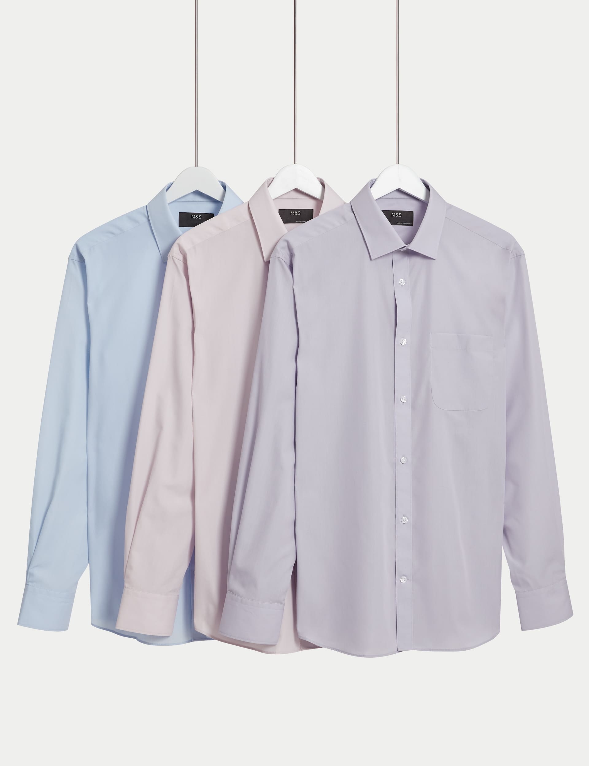 M&S Men's 3pk Regular Fit Easy Iron Long Sleeve Shirts - 18.5 - Lilac Mix, Lilac Mix