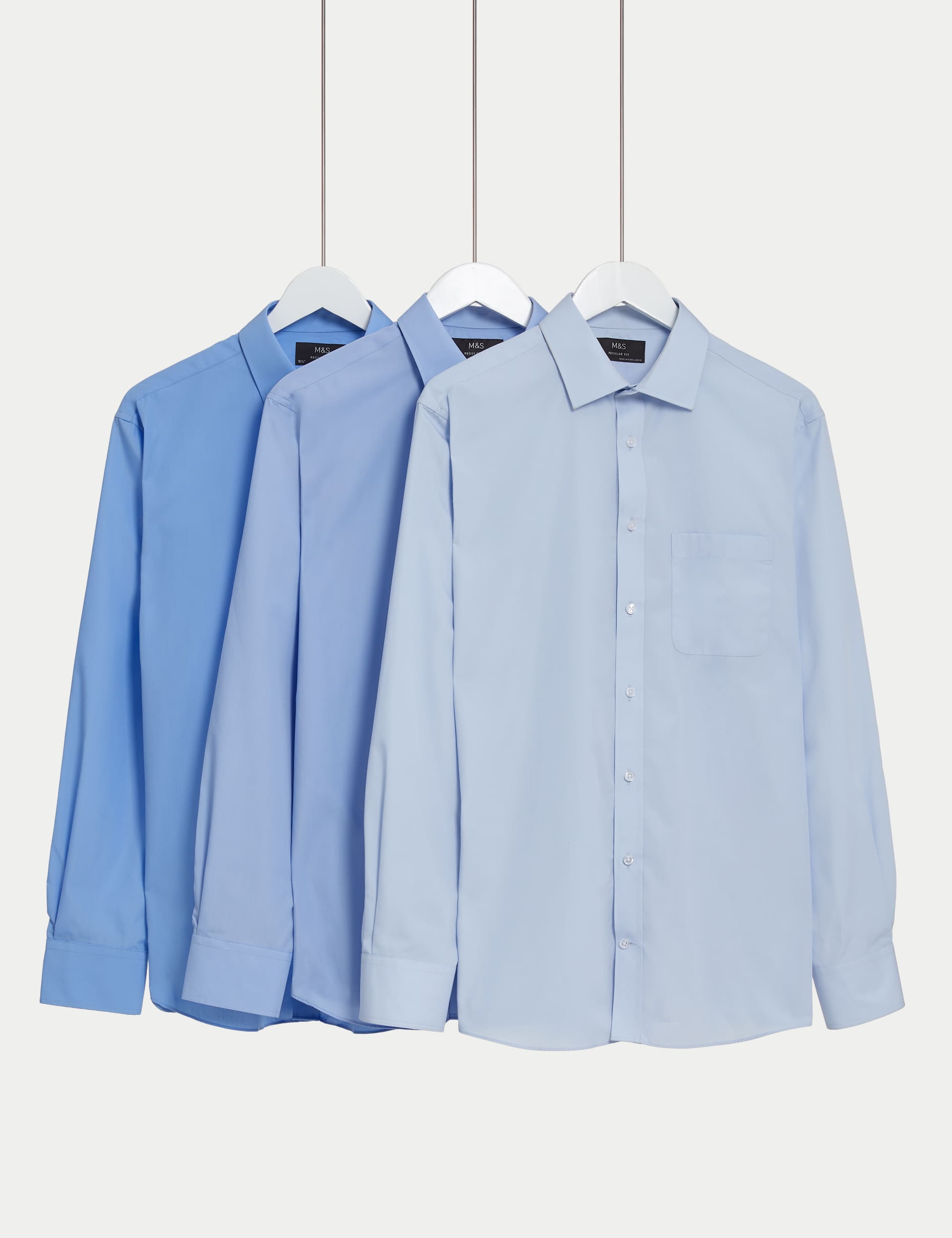 M&S Men's 3pk Regular Fit Easy Iron Long Sleeve Shirts - 16.5 - Blue Mix, Blue Mix