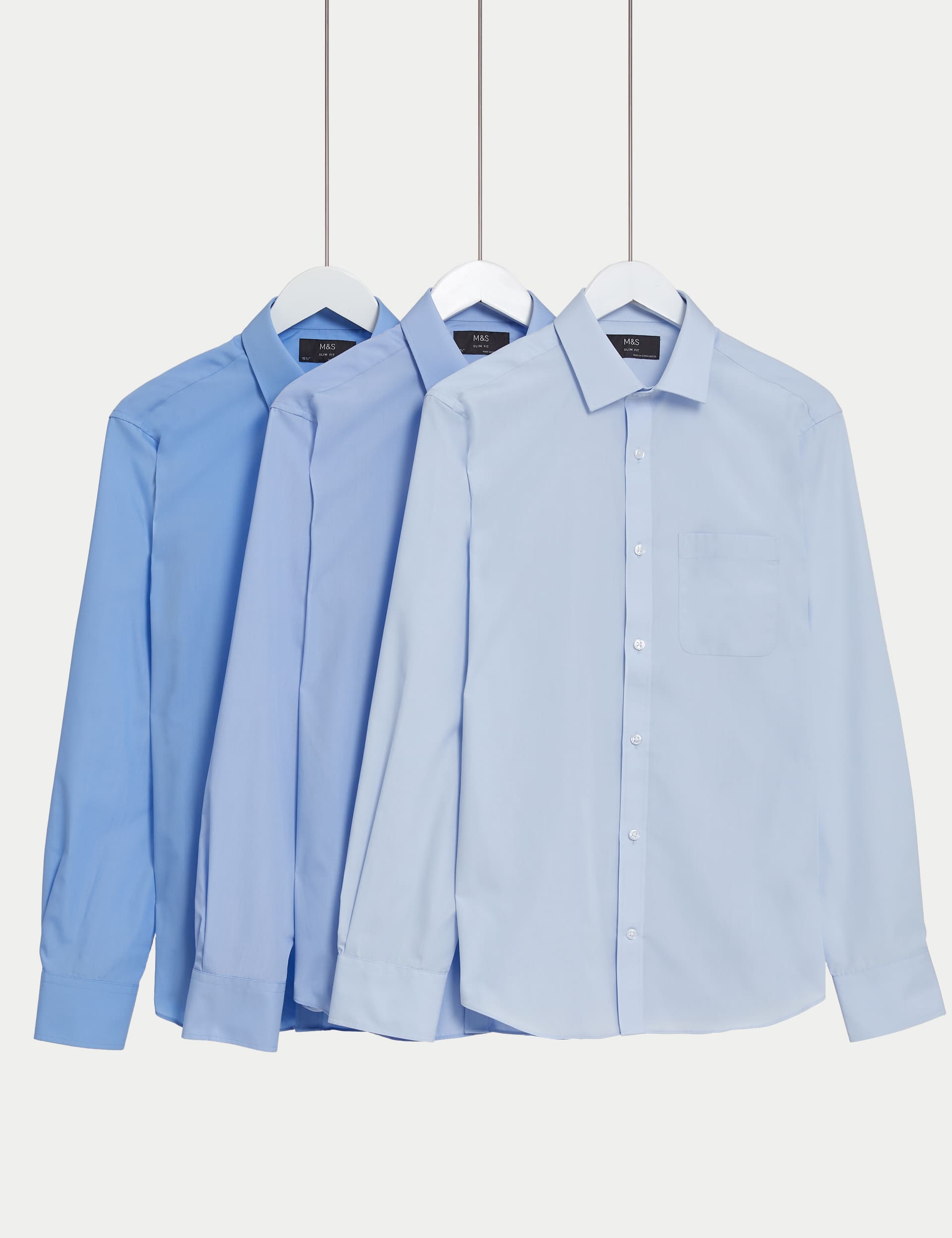 M&S Men's 3pk Slim Fit Easy Iron Shirts - 19 - Blue, Blue