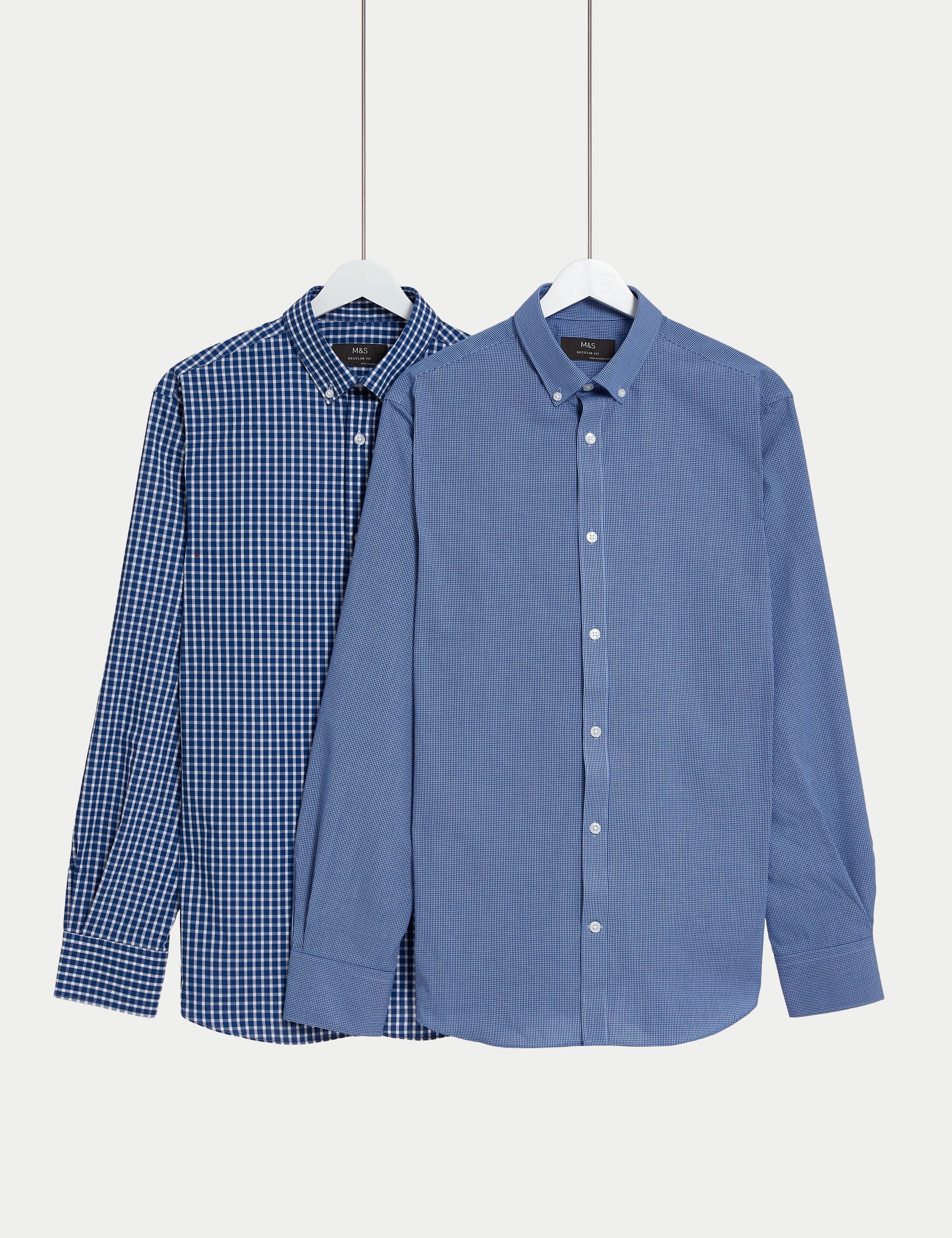 M&S Men's 2pk Regular Fit Easy Iron Long Sleeve Gingham Shirts