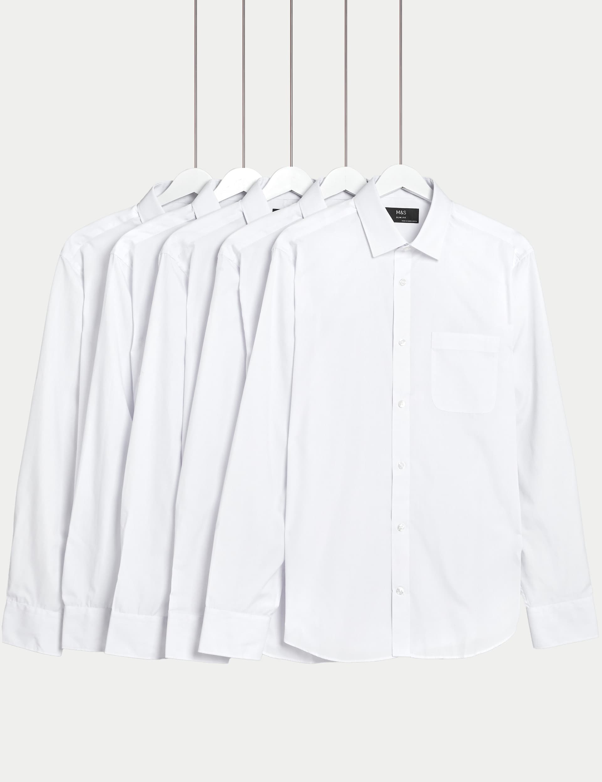 M&S Men's 5pk Slim Fit Easy Iron Long Sleeve Shirts - 15 - White Mix, White Mix