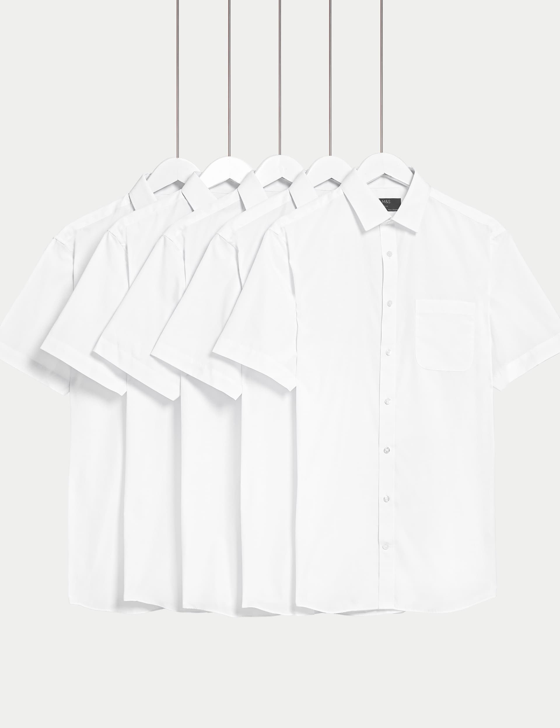 M&S Men's 5pk Slim Fit Easy Iron Short Sleeve Shirts - 17.5 - White, White