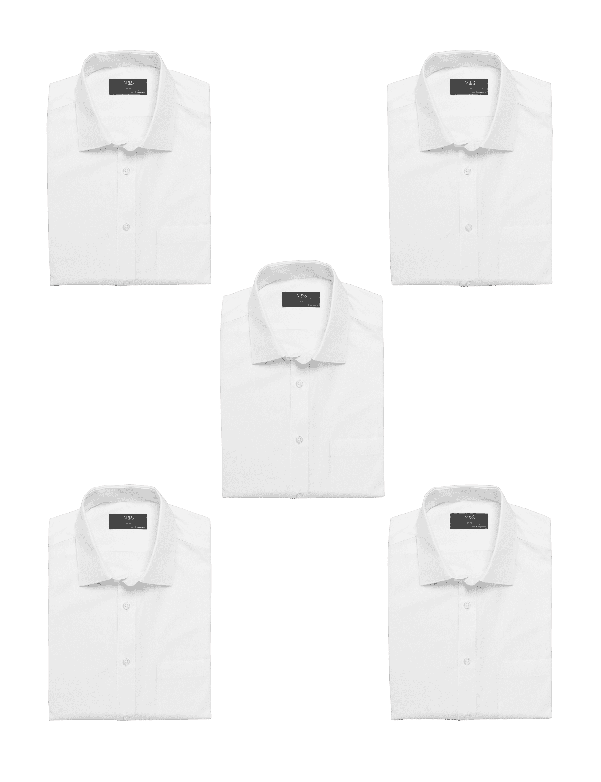 M&S Collection Men's 5pk Slim Fit Easy Iron Short Sleeve Shirts - 17.5 - White, White