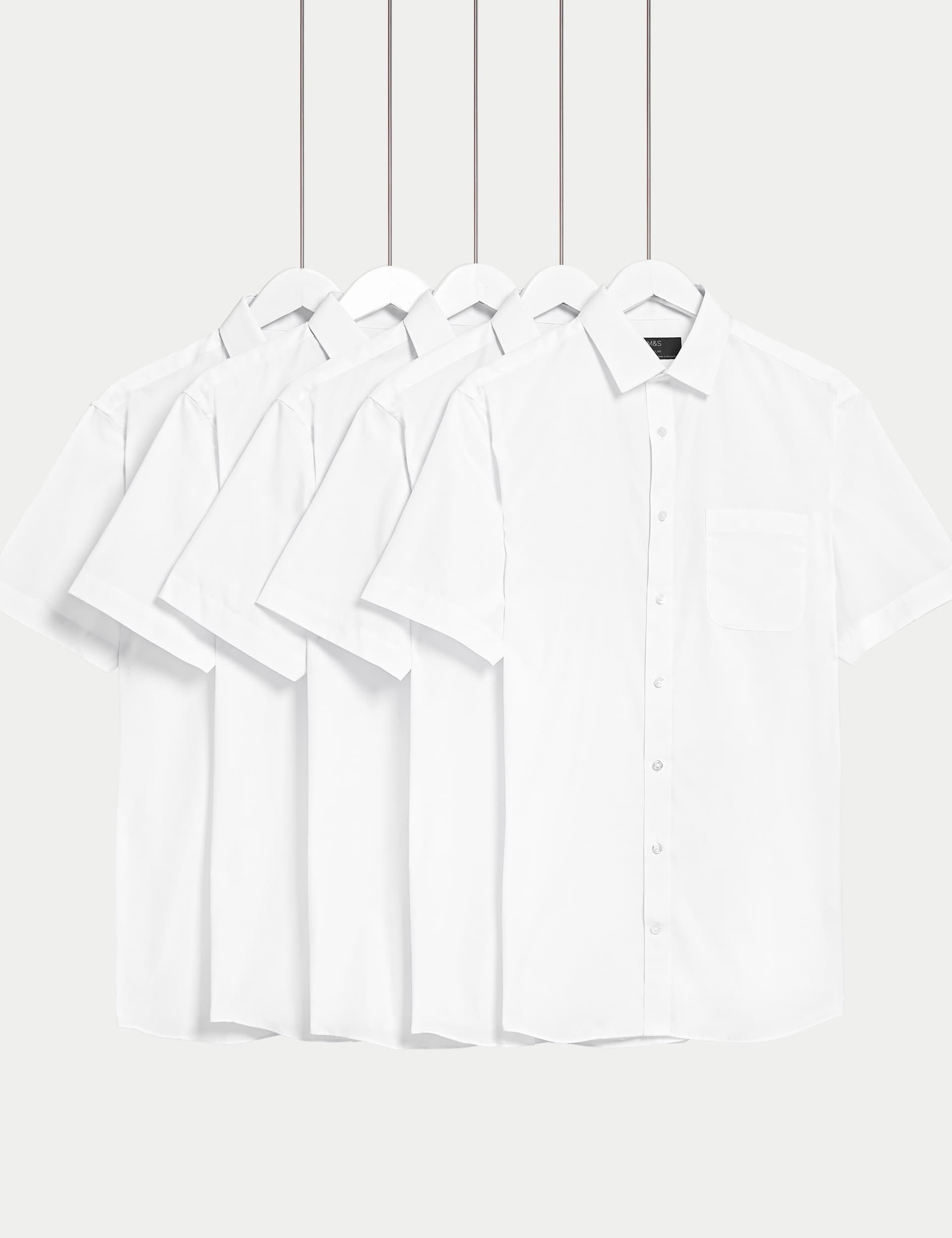 M&S Men's 5pk Regular Fit Easy Iron Short Sleeve Shirts - 16.5 - White, White