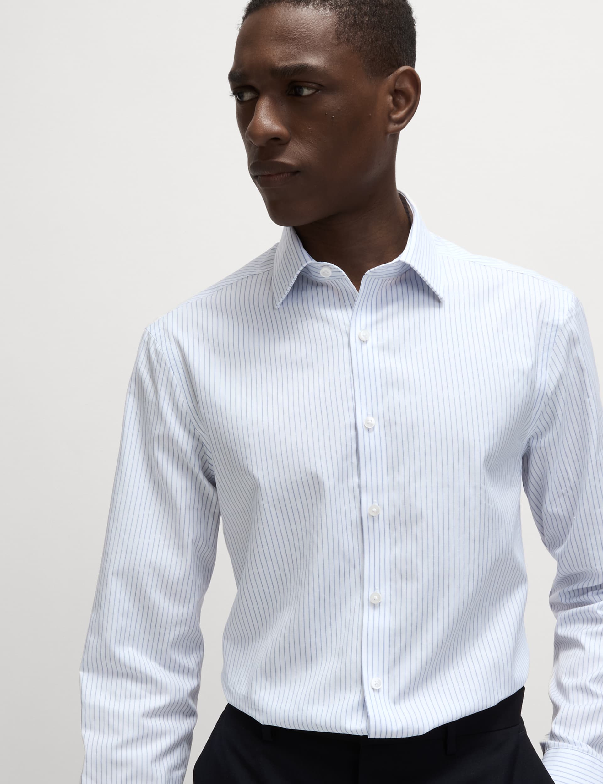 M&S Sartorial Men's Slim Fit Luxury Cotton Striped Shirt - 15.5 - White/Med Blue, White/Med Blue