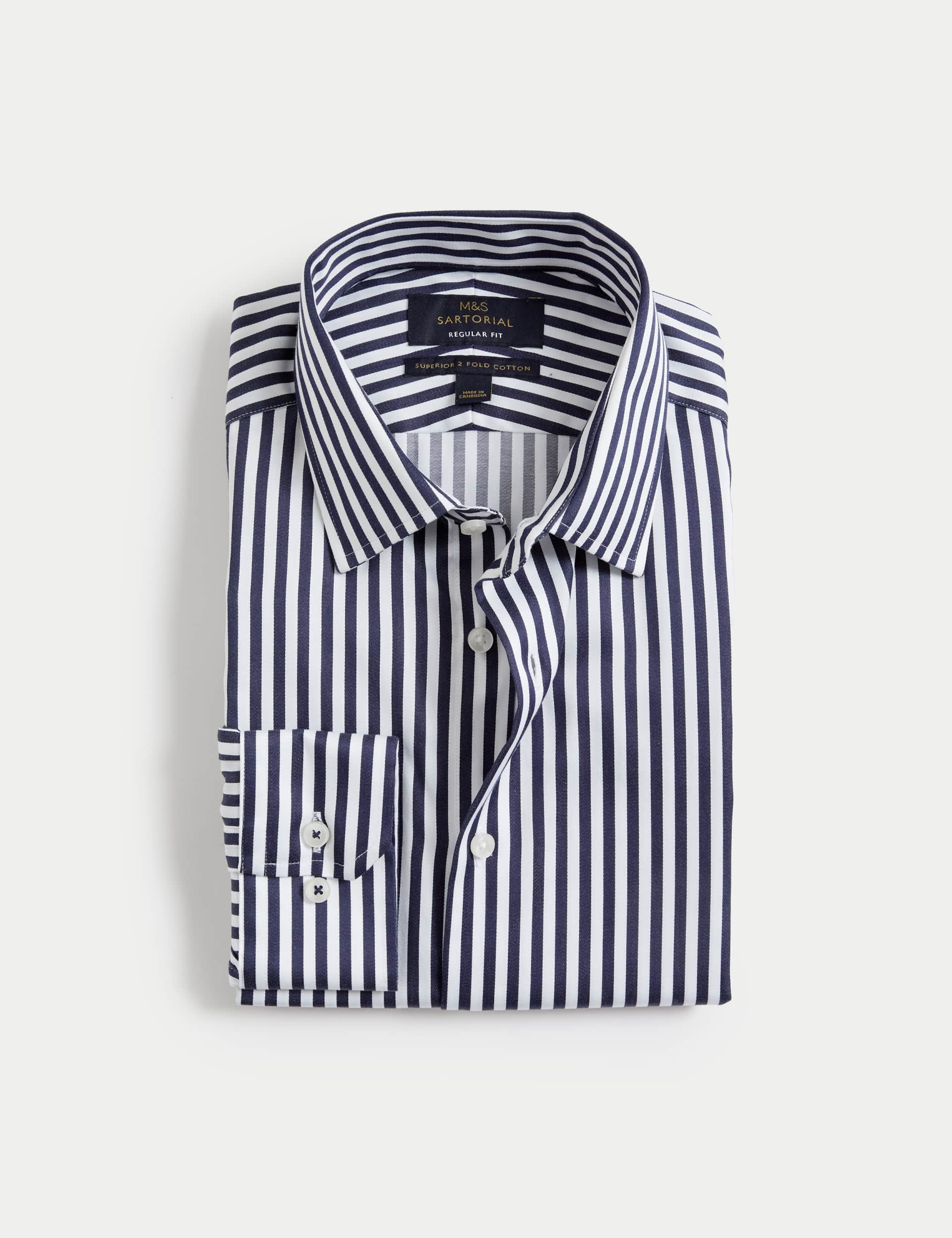 M&S Sartorial Men's Regular Fit Luxury Cotton Bold Stripe Shirt - 17.5 - Navy Mix, Navy Mix