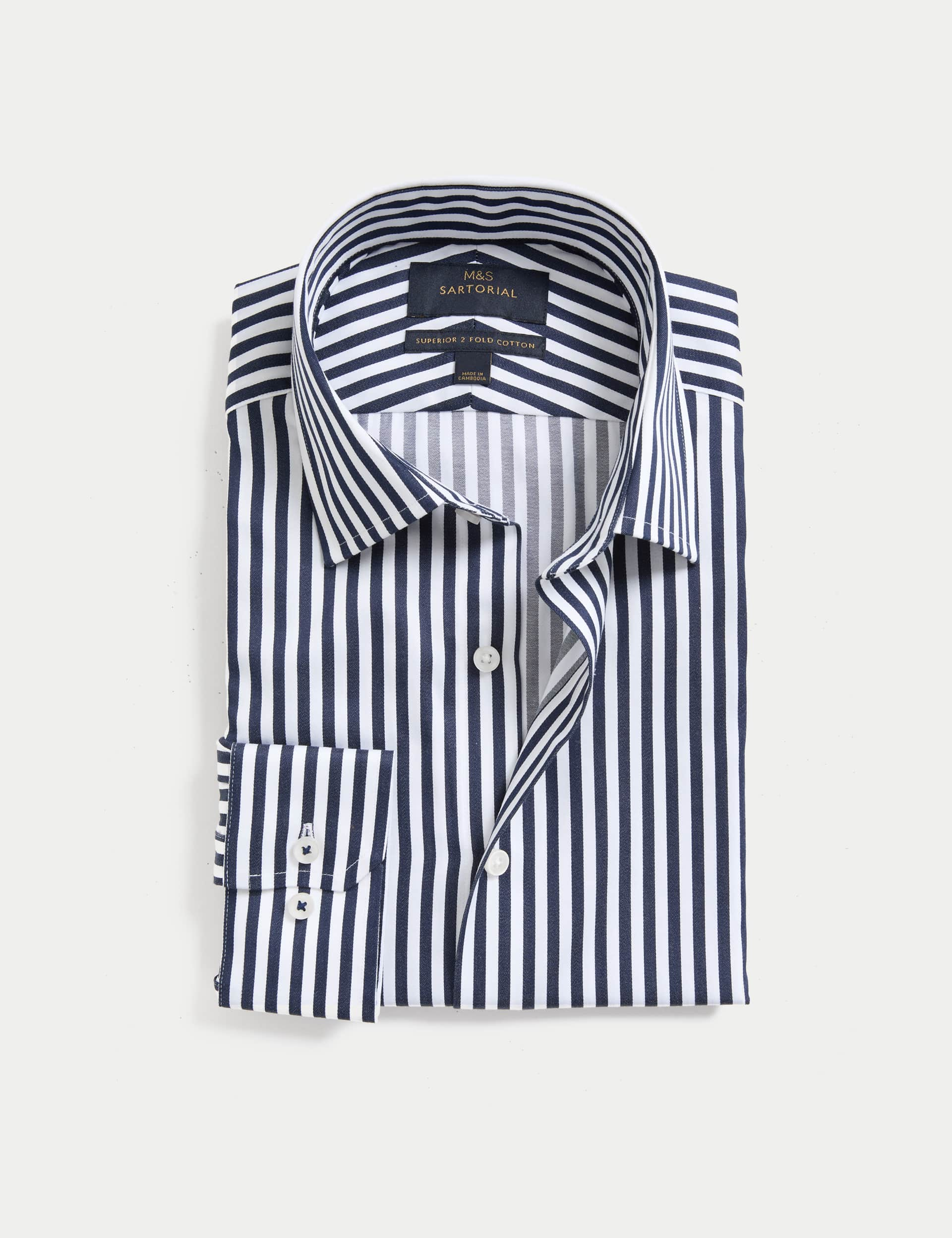 M&S Sartorial Men's Slim Fit Luxury Cotton Bold Stripe Shirt - 15.5 - Navy Mix, Navy Mix