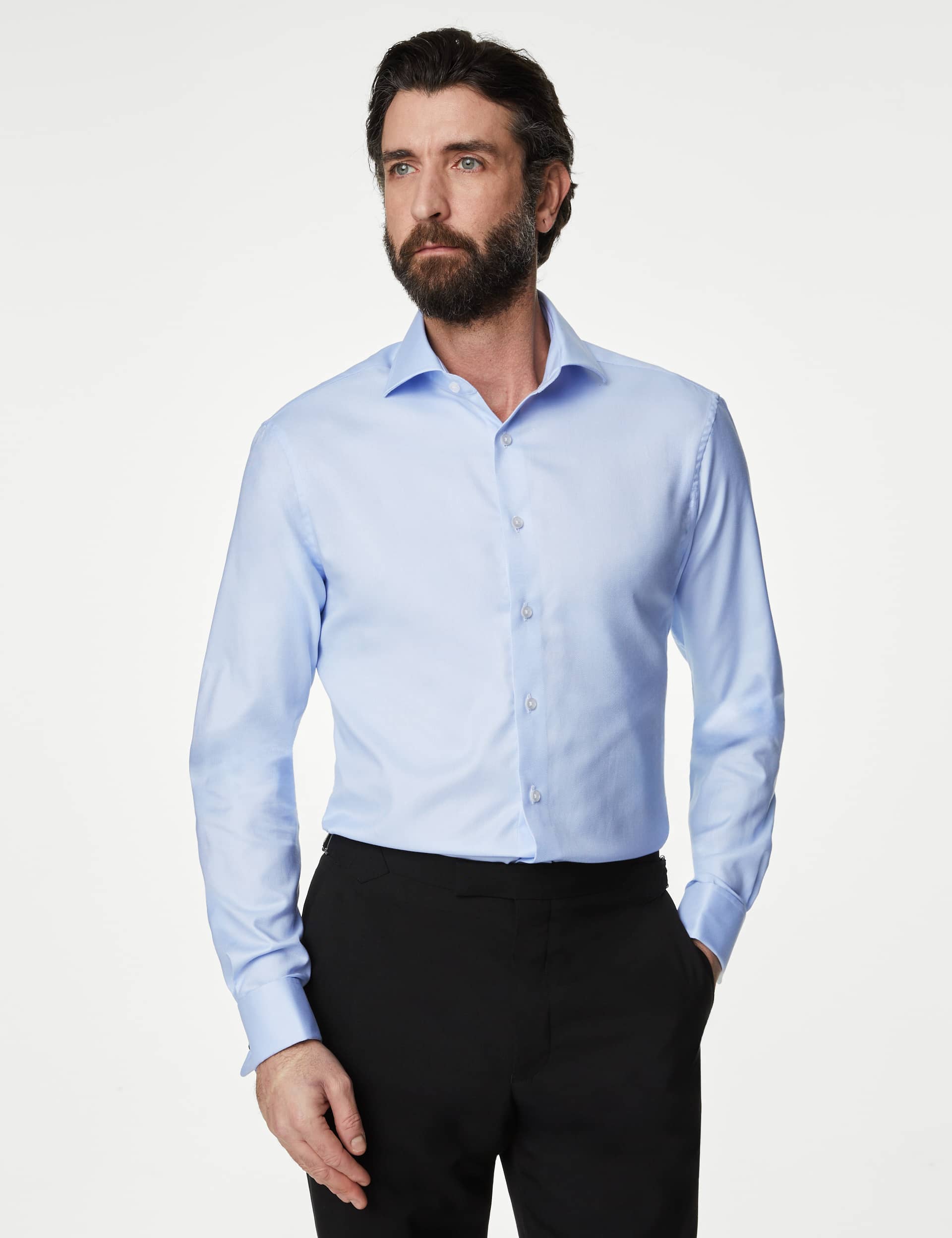 M&S Sartorial Men's Slim Fit Luxury Cotton Double Cuff Twill Shirt - 15.5 - Blue, Pink,Blue,Navy,Bla