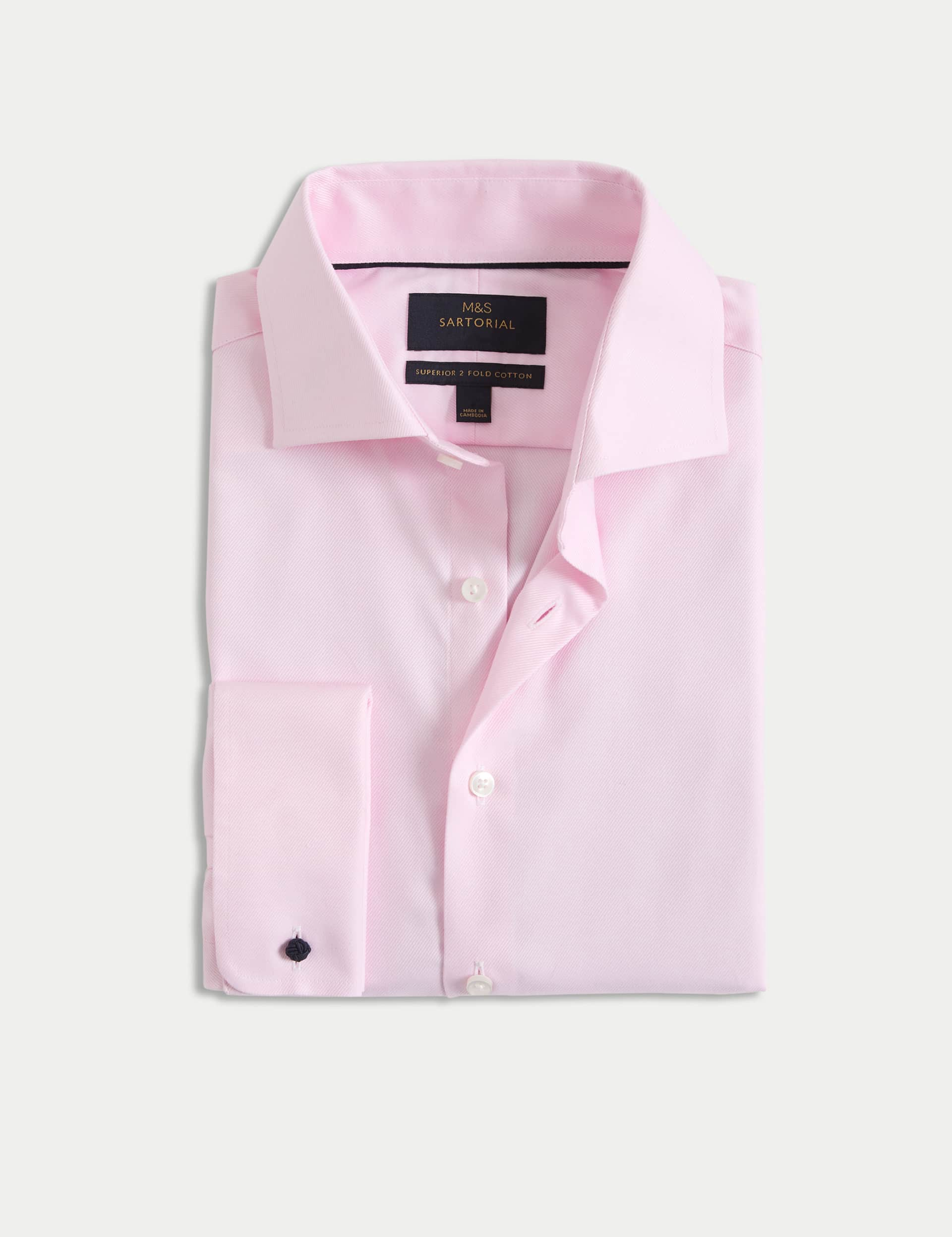 M&S Sartorial Men's Tailored Fit Luxury Cotton Double Cuff Twill Shirt - 18 - Pink, Black,Blue,Pink,