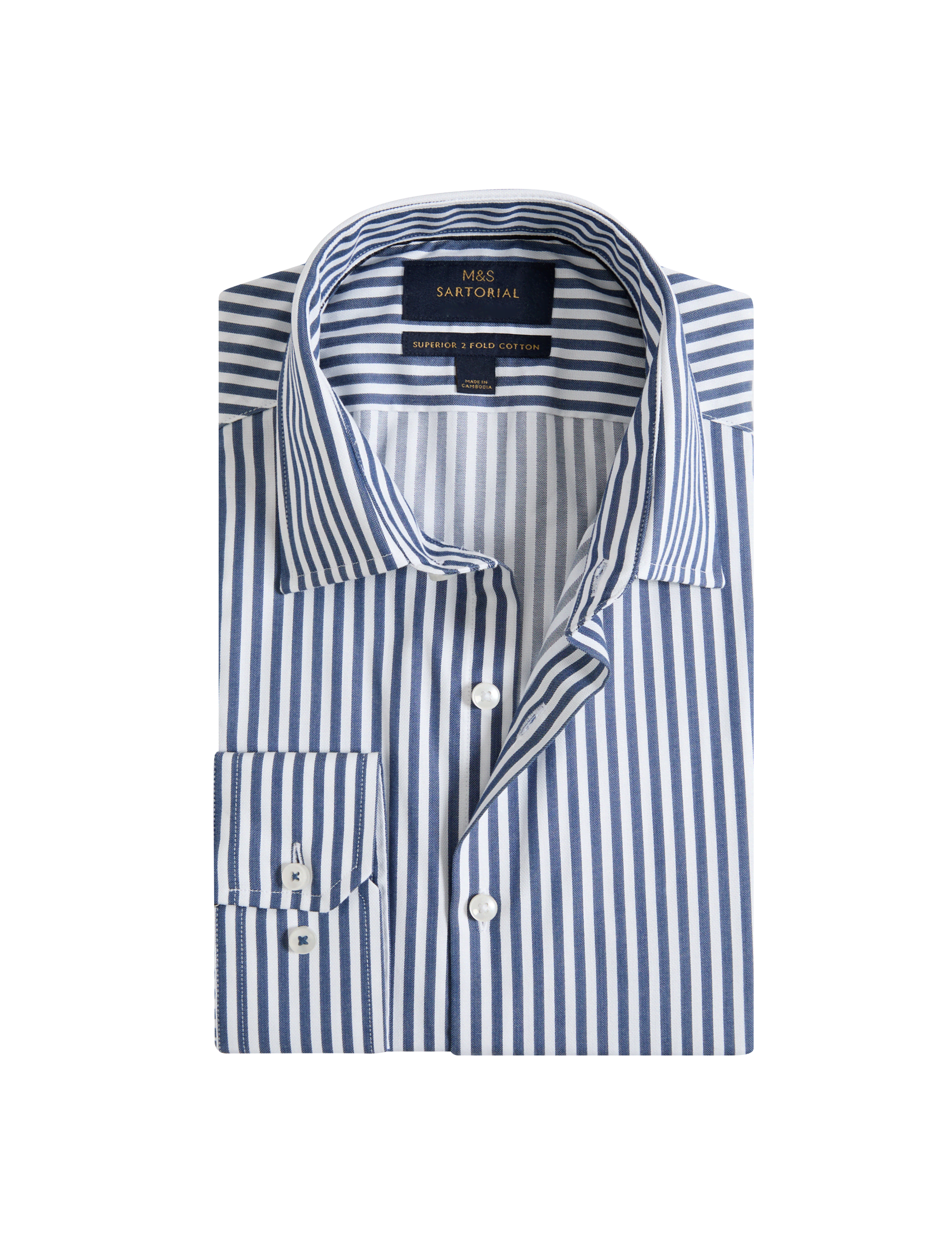 M&S Sartorial Men's Regular Fit Luxury Cotton Striped Shirt - 16.5 - Navy Mix, Navy Mix,Blue/White