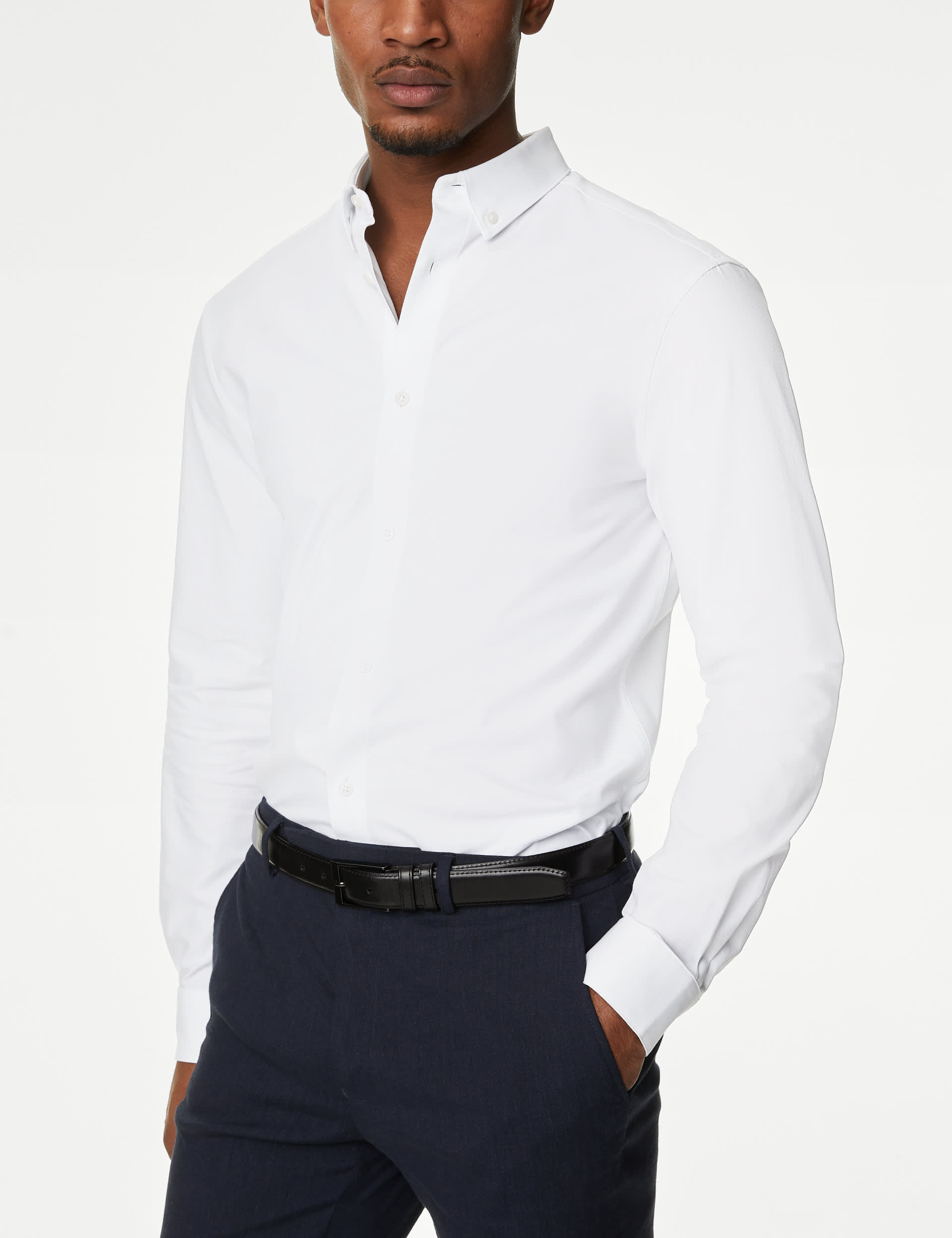 M&S Men's Slim Fit Cotton Stretch 360 Flex Shirt - White, Blue,White,Black,Navy,Lilac Mix,Blue Mix,