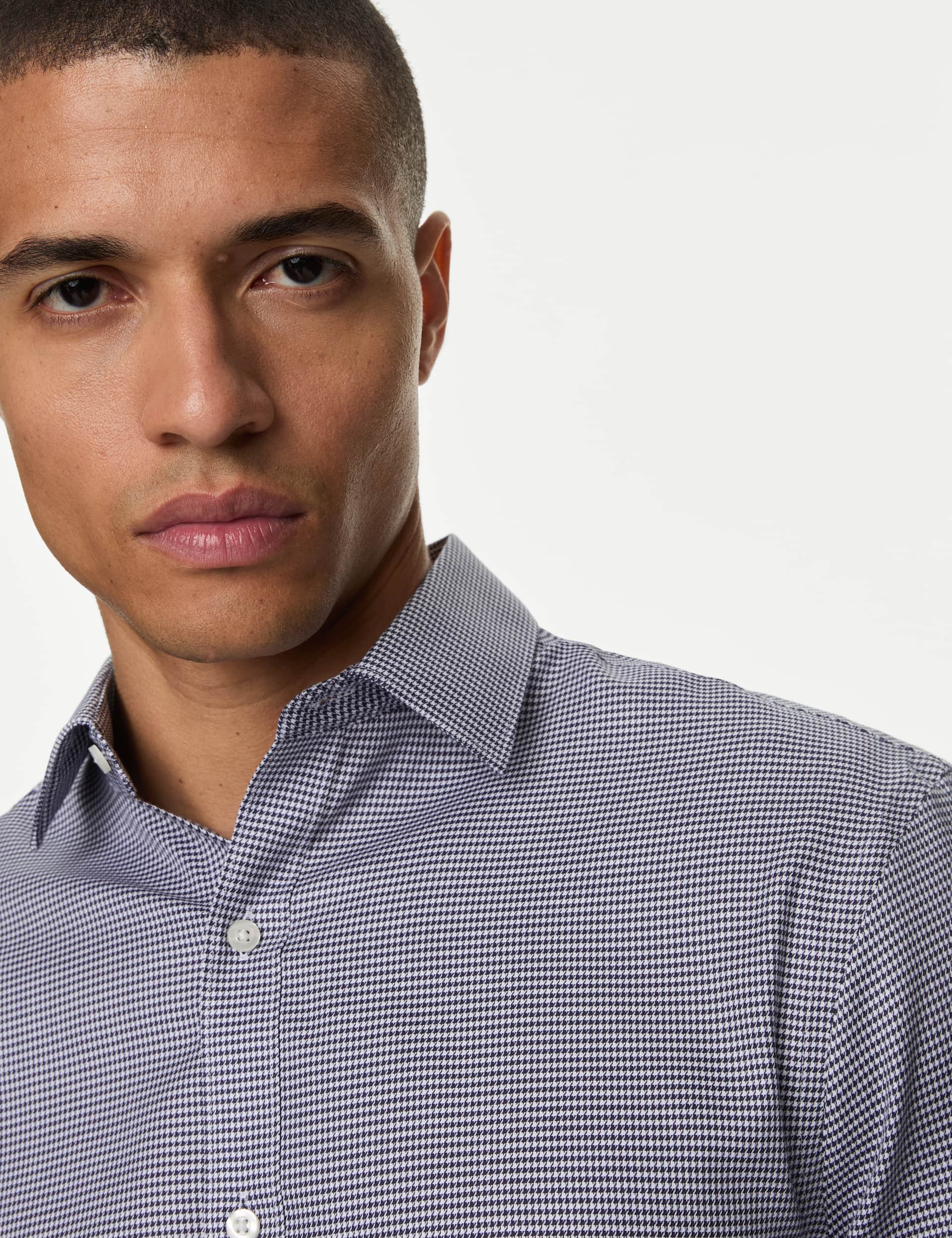 M&S Men's Regular Fit Non Iron Pure Cotton Houndstooth Shirt