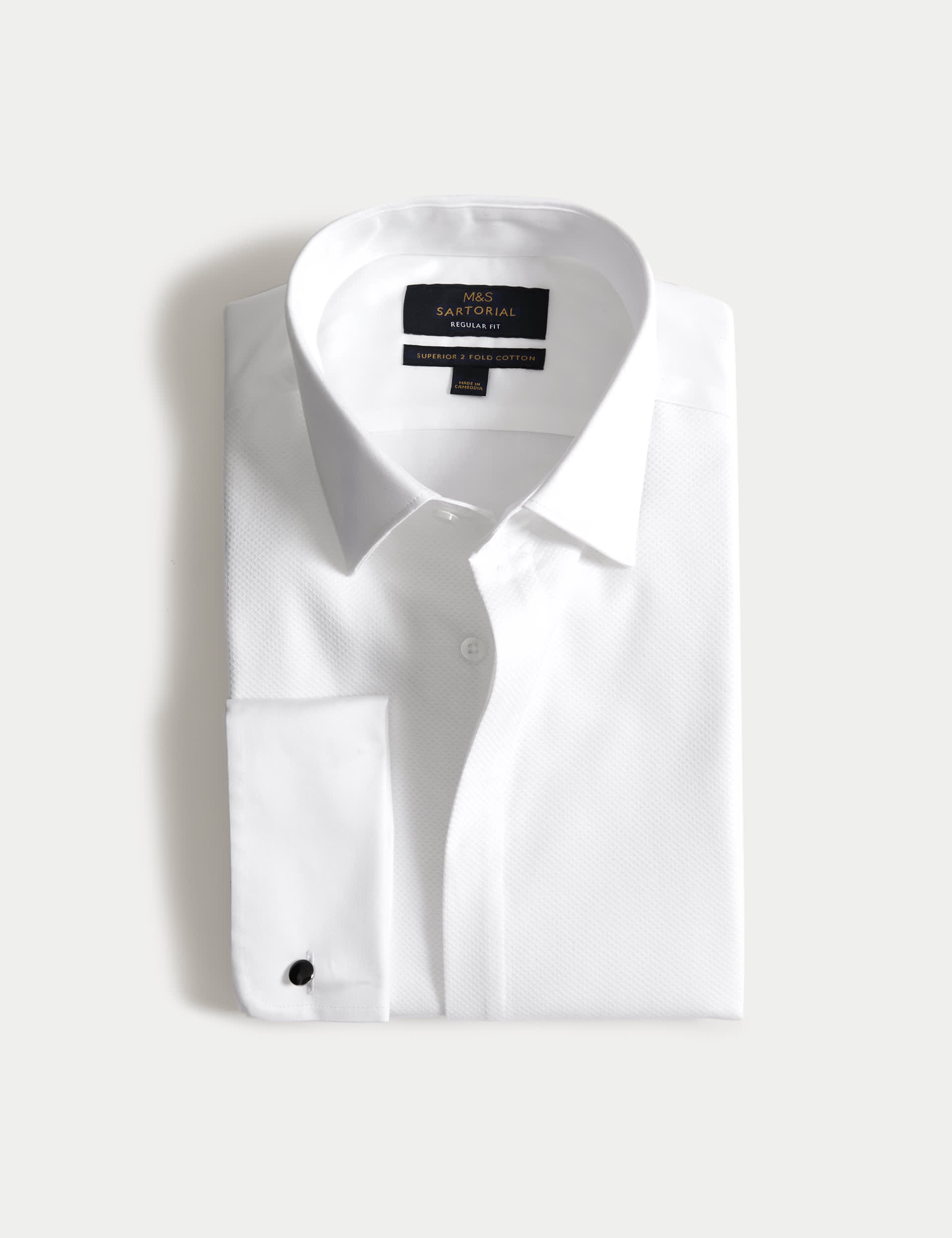 M&S Sartorial Men's Regular Fit Luxury Cotton Double Cuff Dress Shirt - 16.5 - White, White