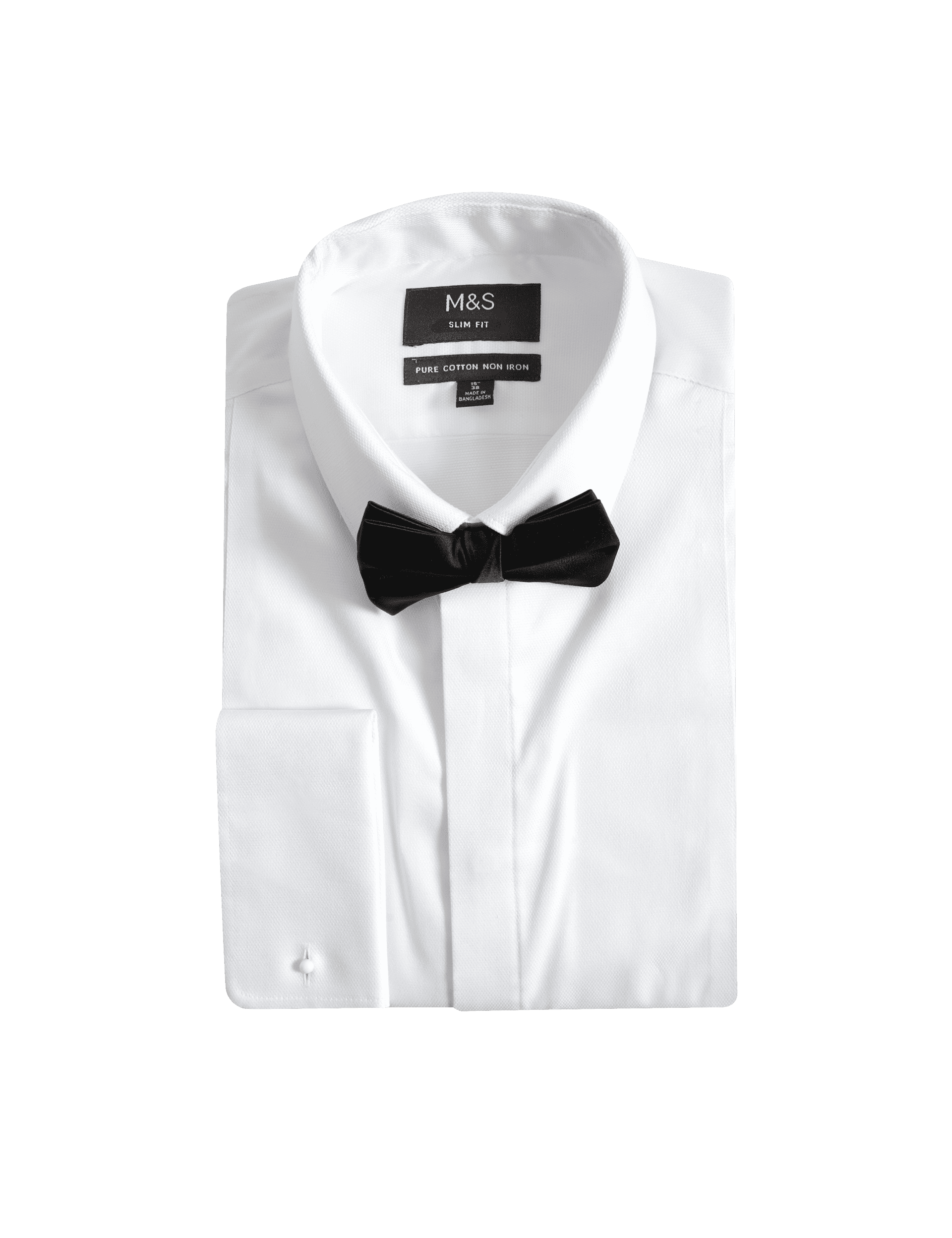 M&S Collection Men's Slim Fit Cotton Dress Shirt with Bow Tie - 16 - White, White