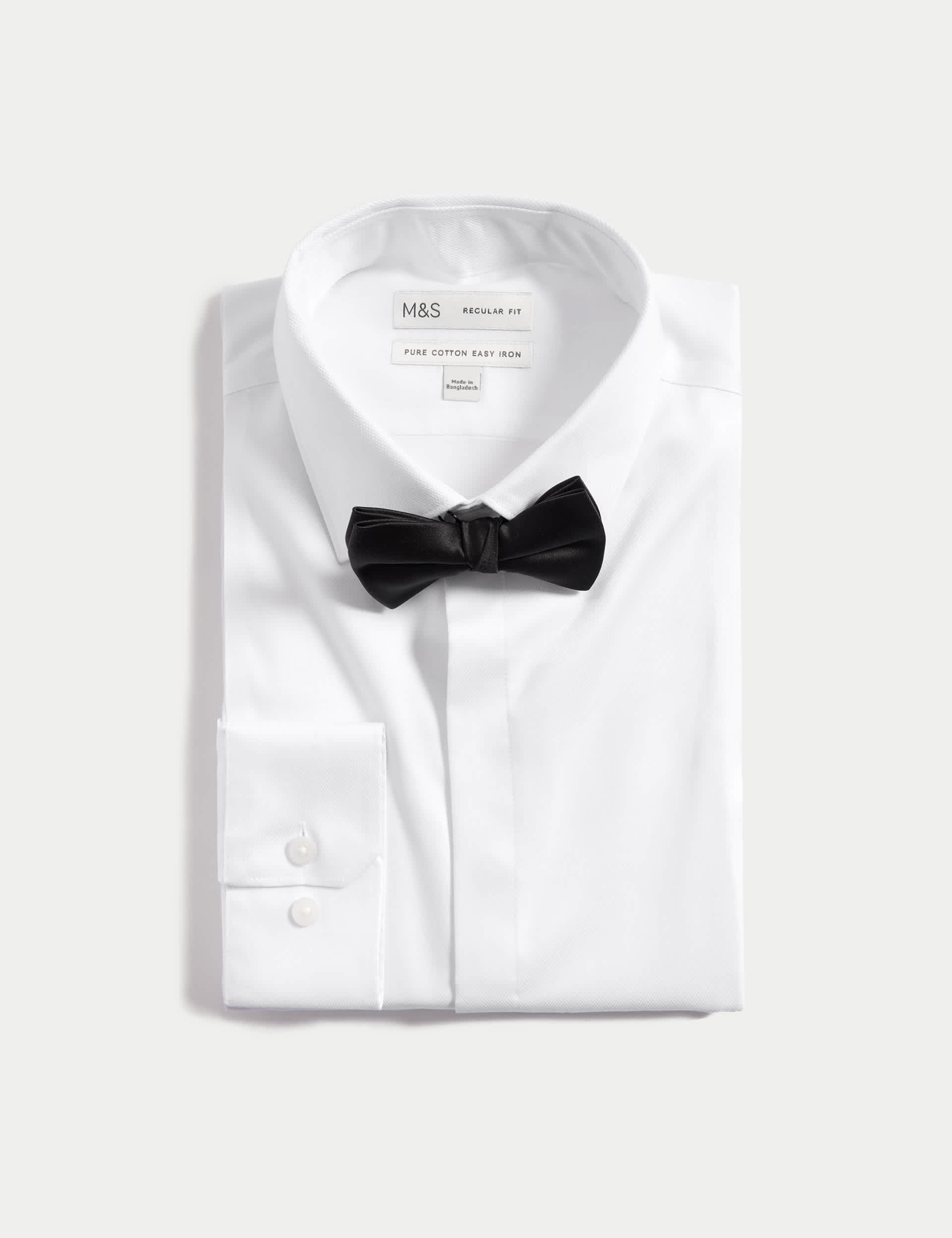 M&S Collection Men's Regular Fit Easy Iron Cotton Dress Shirt with Bow Tie - 16.5 - White, White