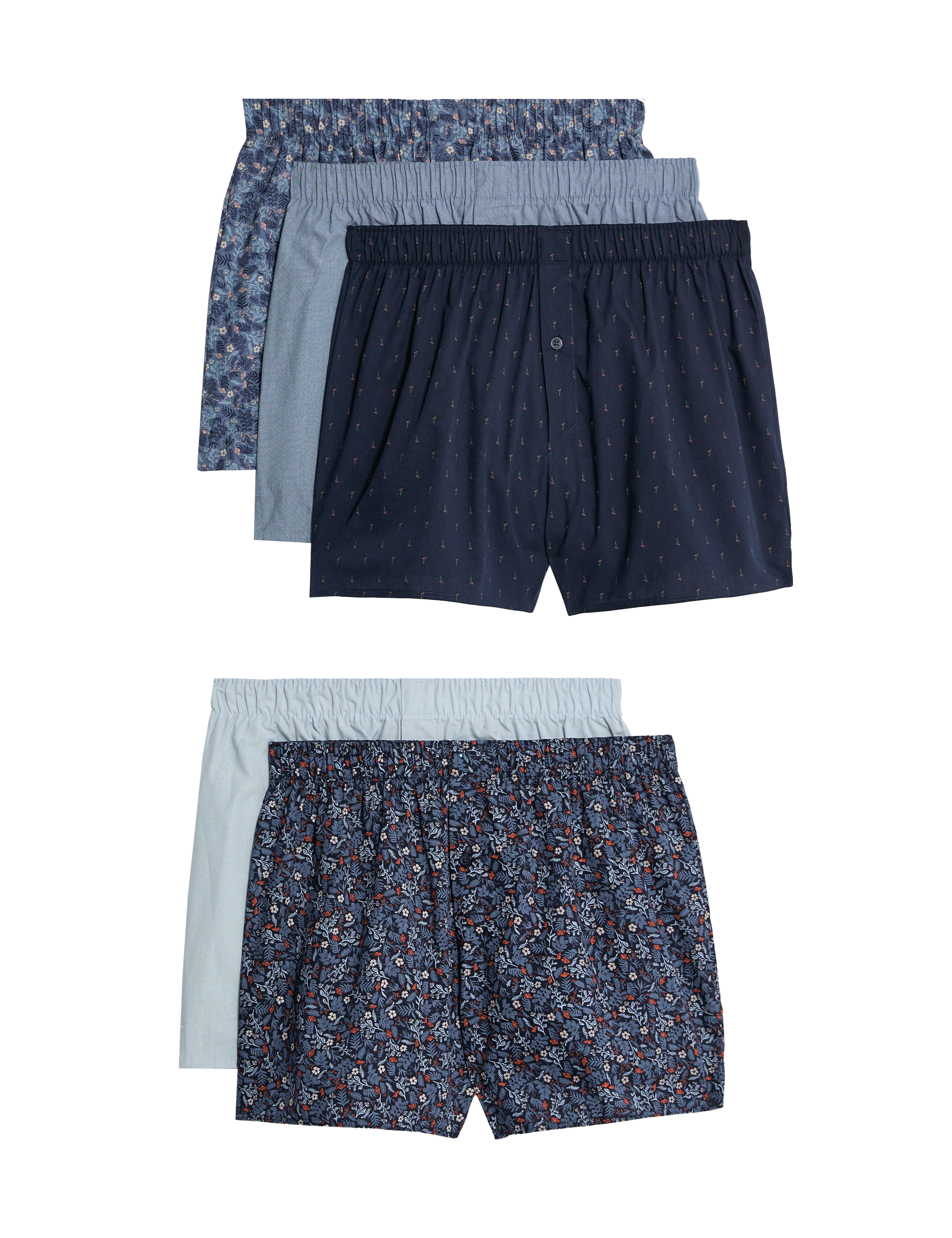 M&S Collection Men's 5pk Pure Cotton StayNew Floral Woven Boxers - Navy Mix, Navy Mix