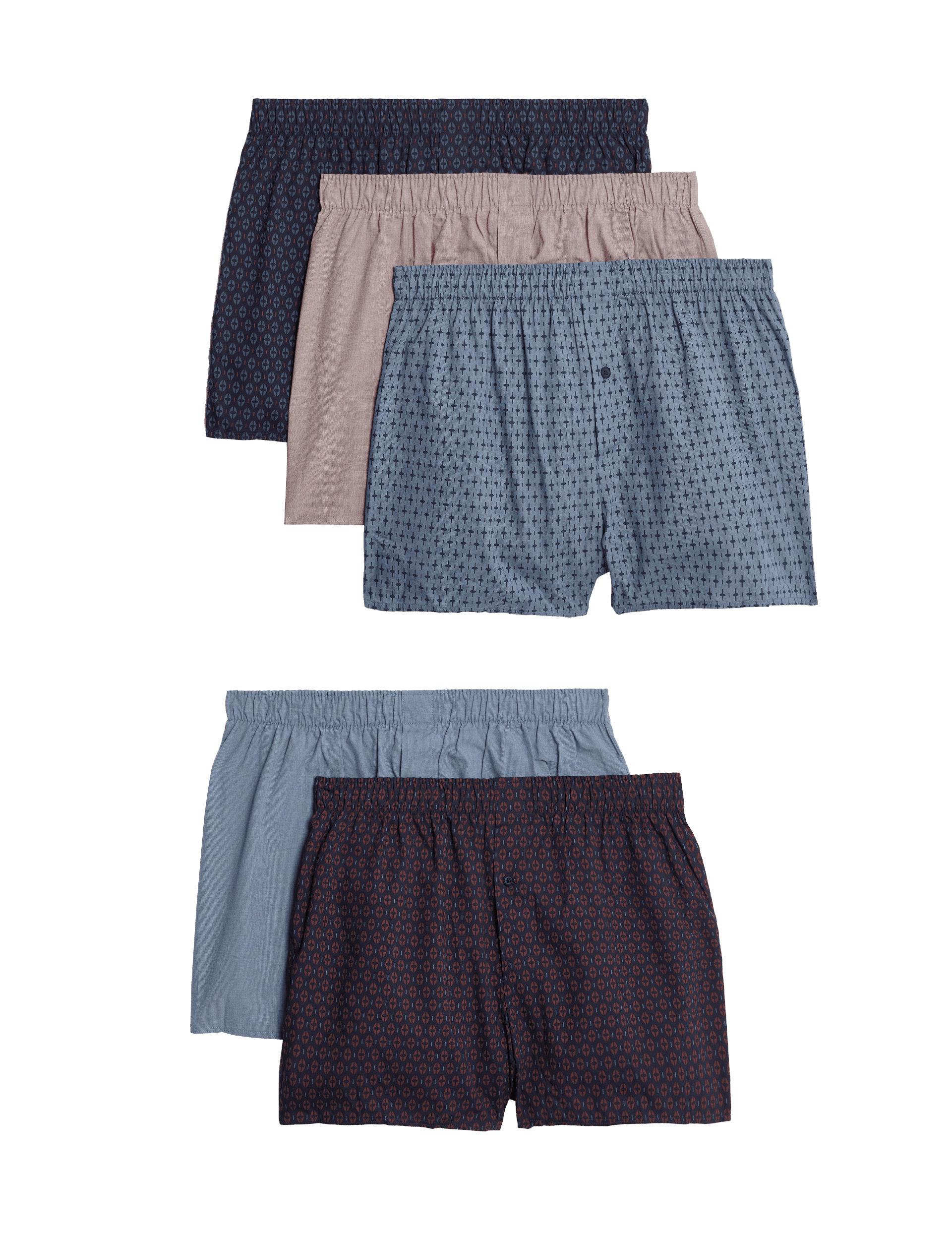 M&S Collection Men's 5pk Pure Cotton Geometric Print Woven Boxers - Burgundy Mix, Burgundy Mix