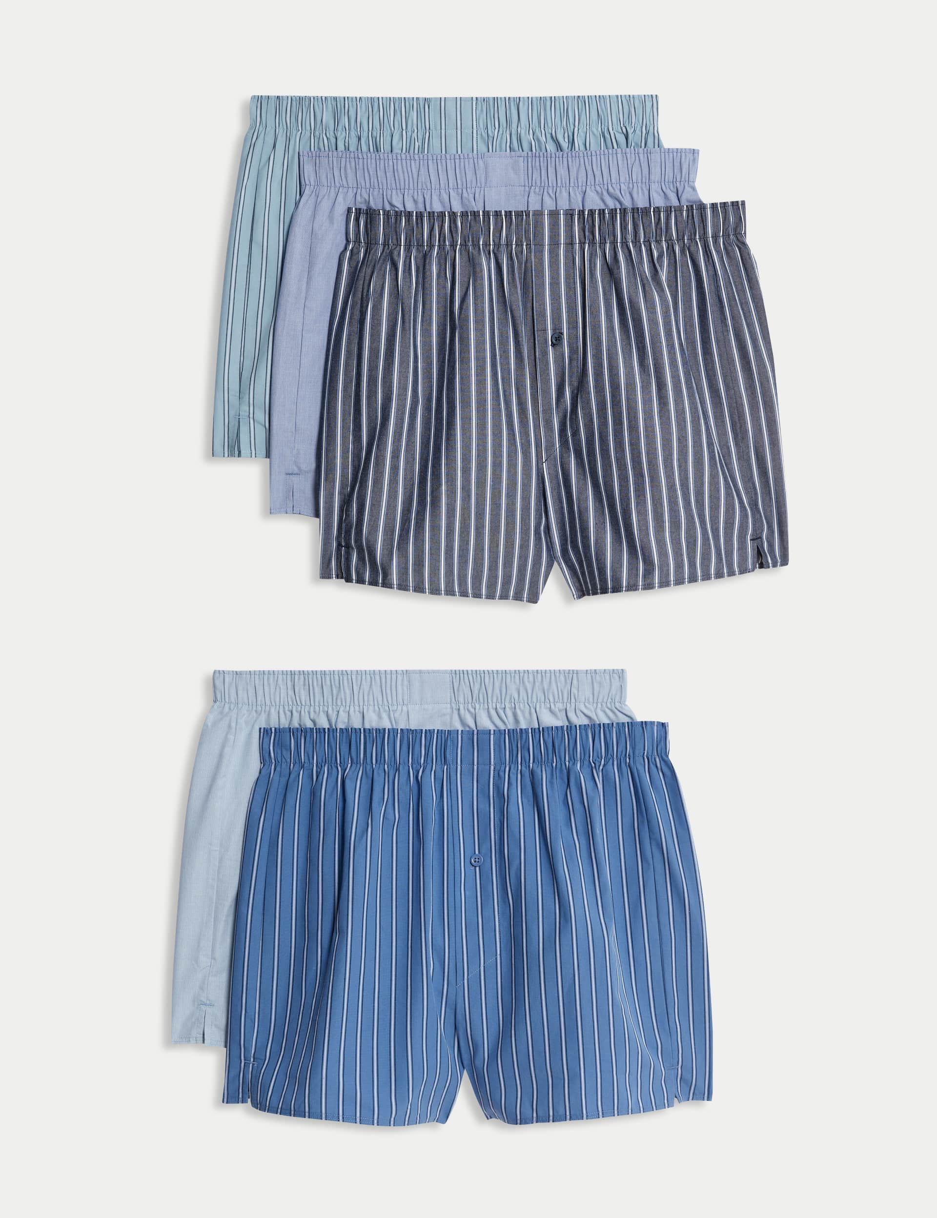 M&S Men's 5pk Pure Cotton Striped Woven Boxers - L - Chambray, Chambray